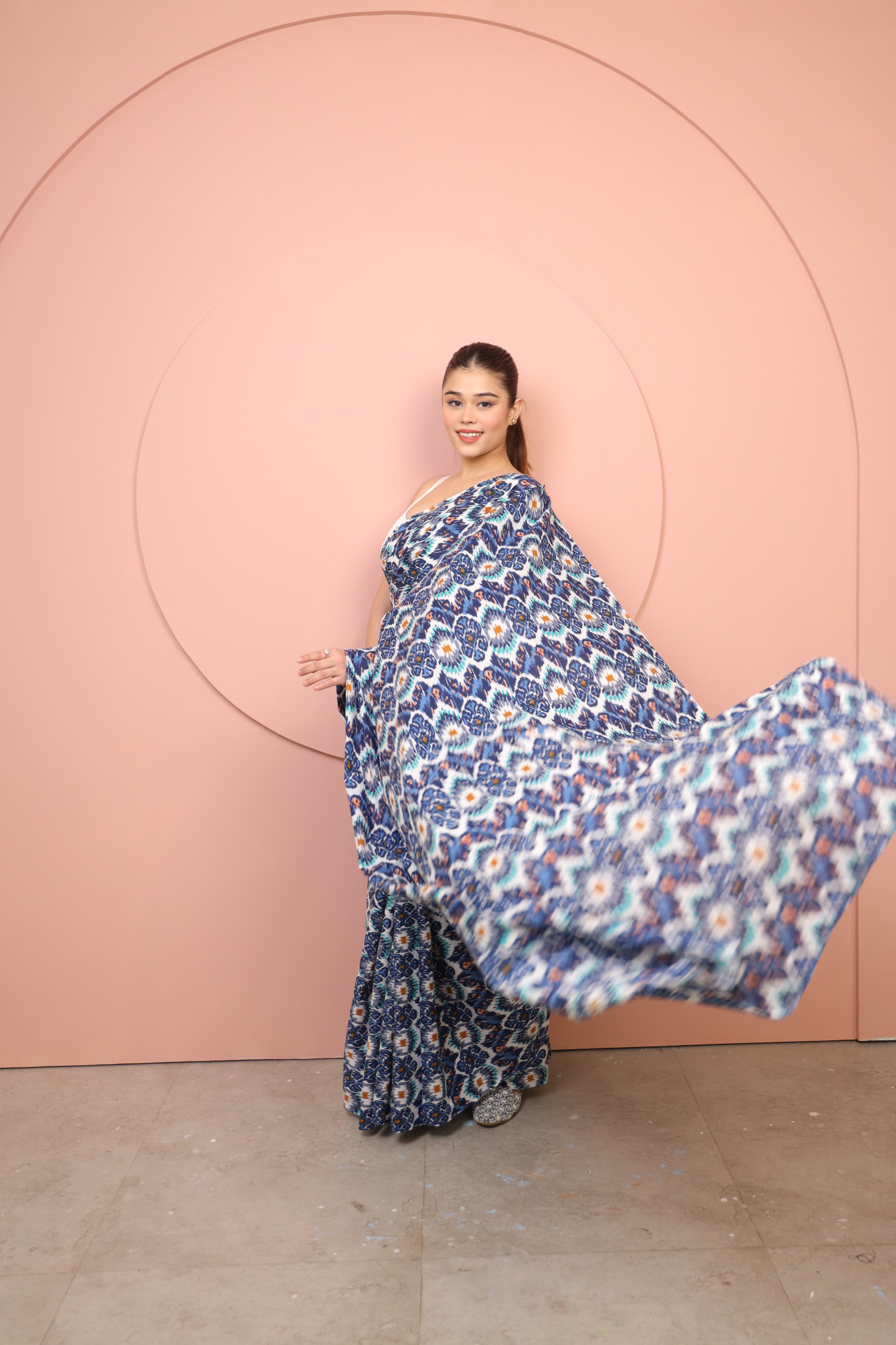 Blue and White printed Cotton saree