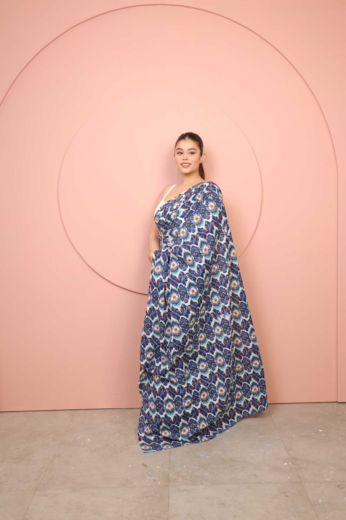 Blue and White printed Cotton saree