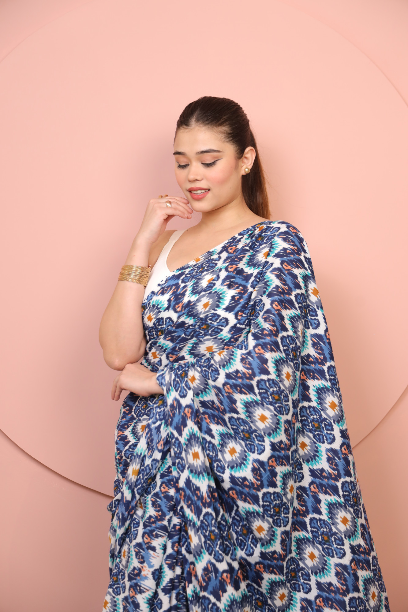 Blue and White printed Cotton saree