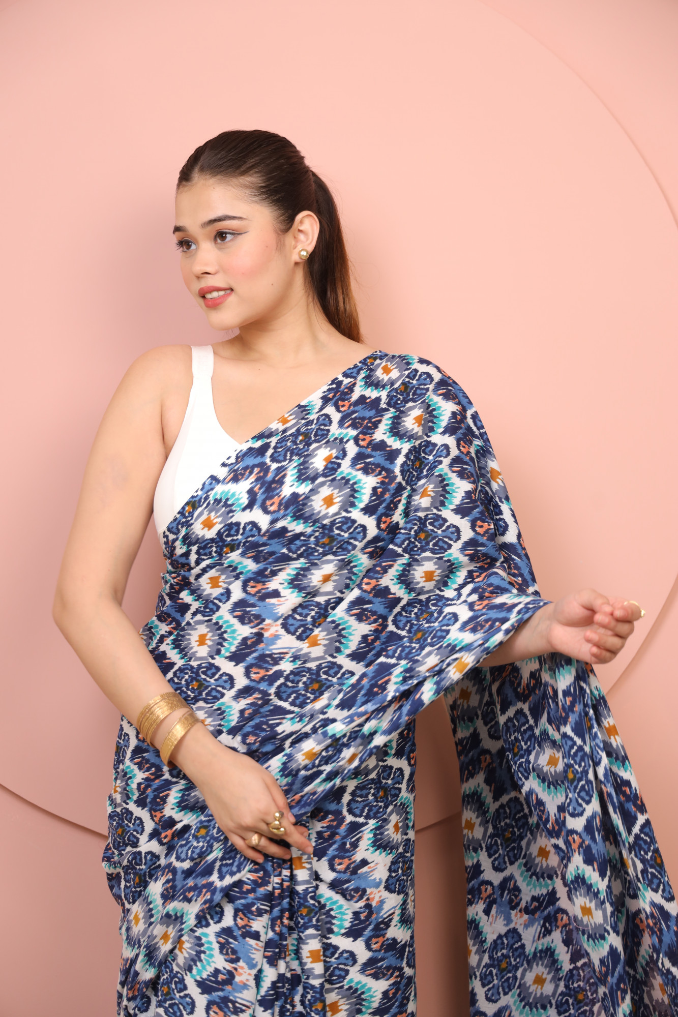 Blue and White printed Cotton saree