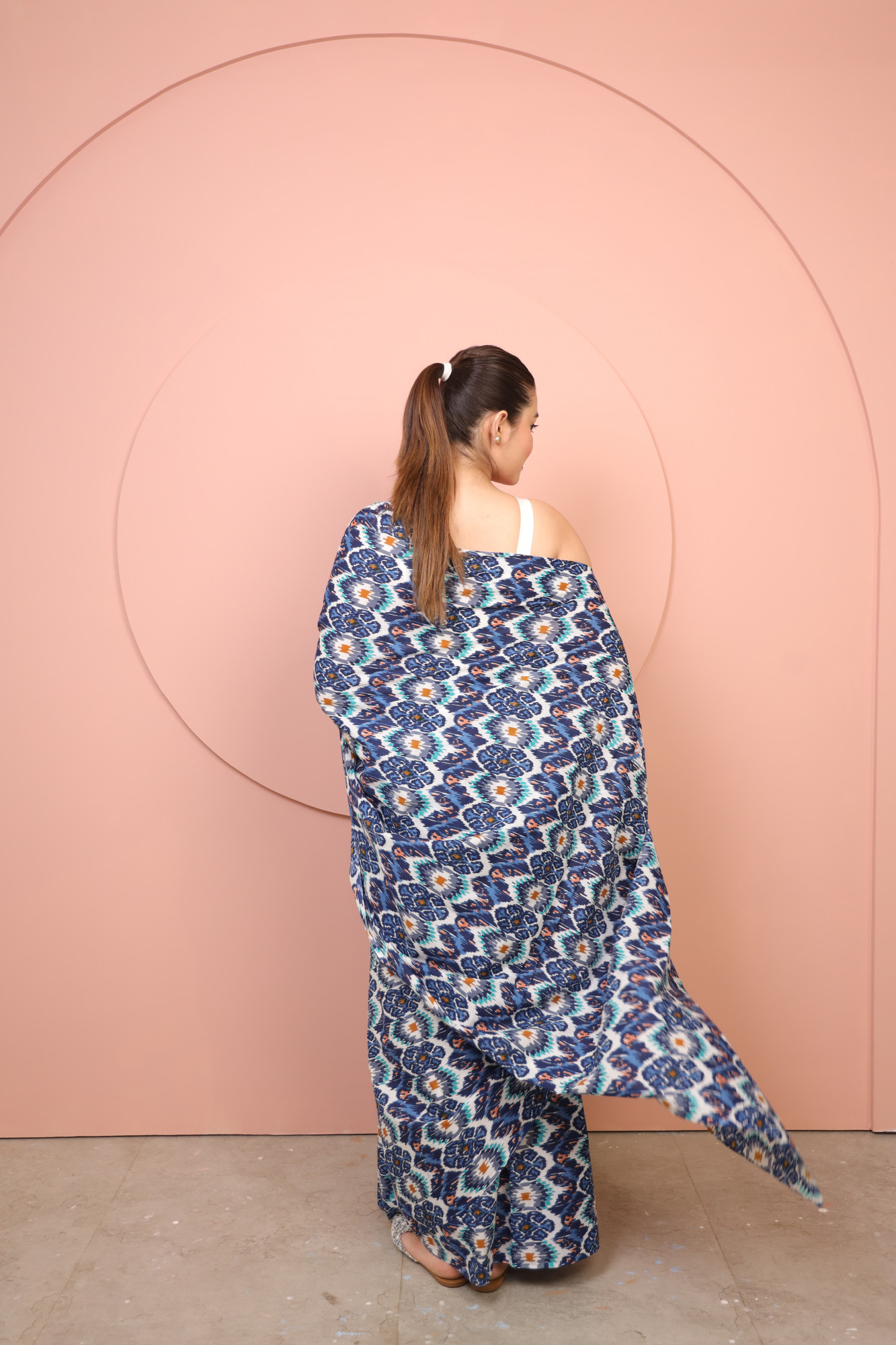 Blue and White printed Cotton saree