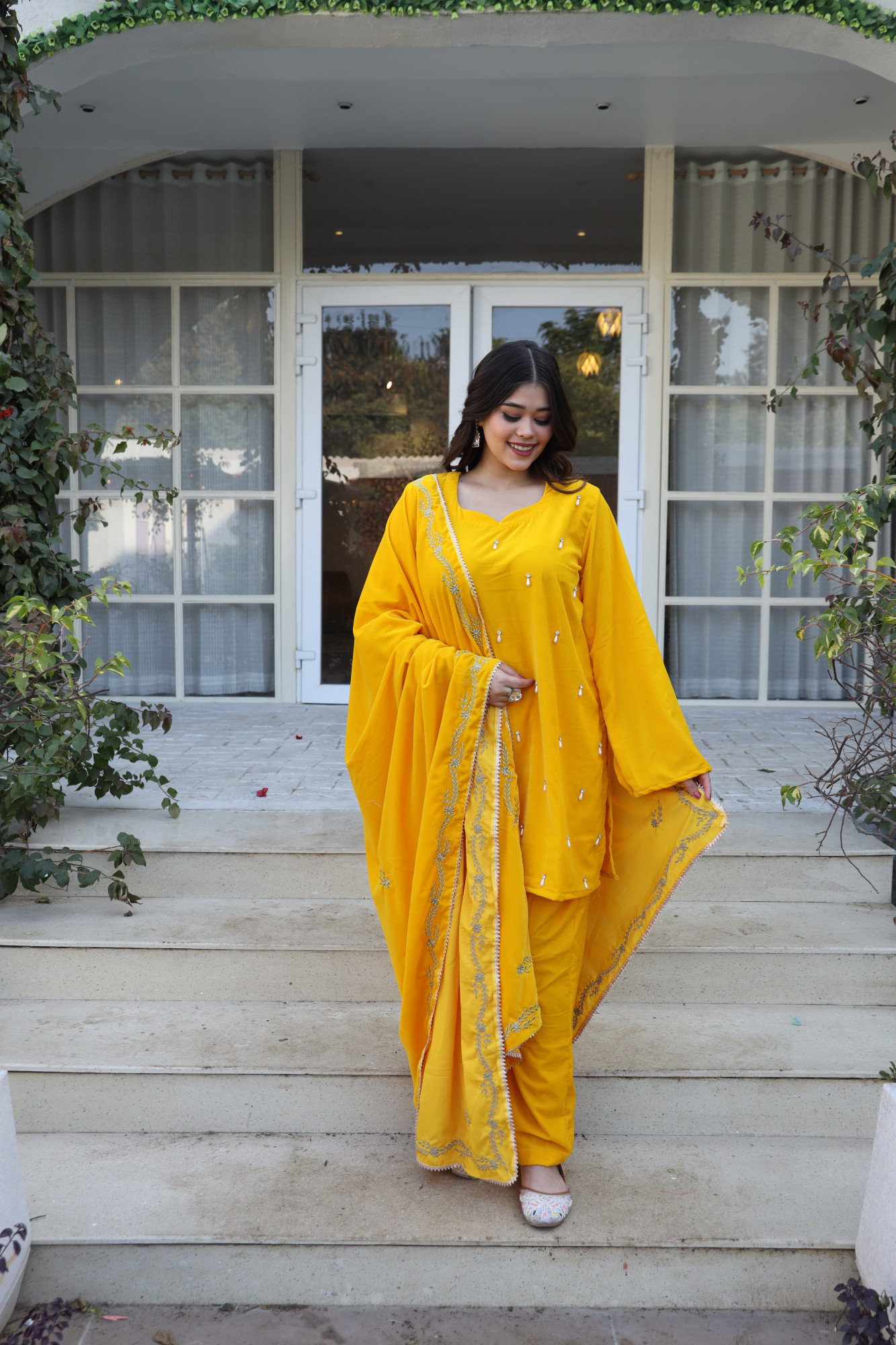 Yellow Velvet Suit Set And Embroidered Dupatta
