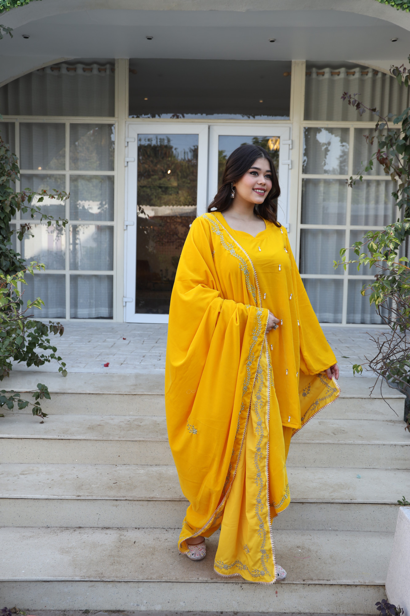 Yellow Velvet Suit Set And Embroidered Dupatta