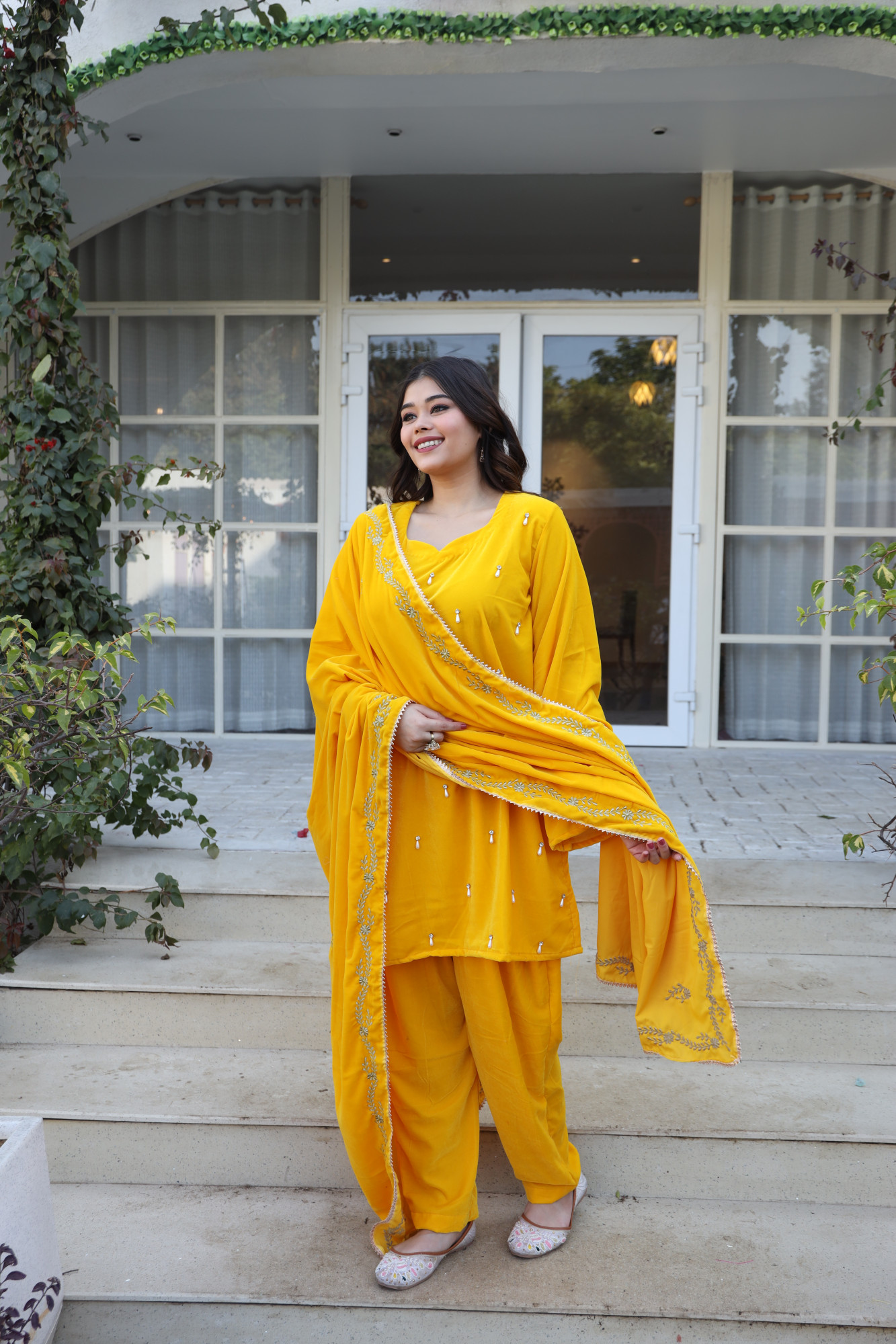 Yellow Velvet Suit Set And Embroidered Dupatta