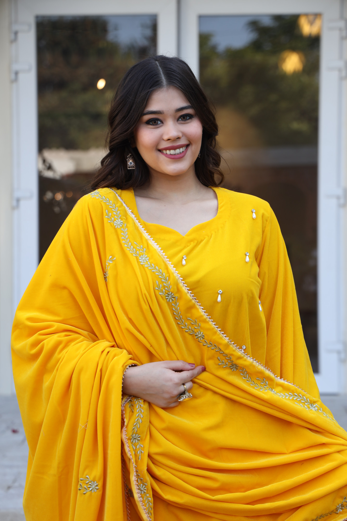 Yellow Velvet Suit Set And Embroidered Dupatta