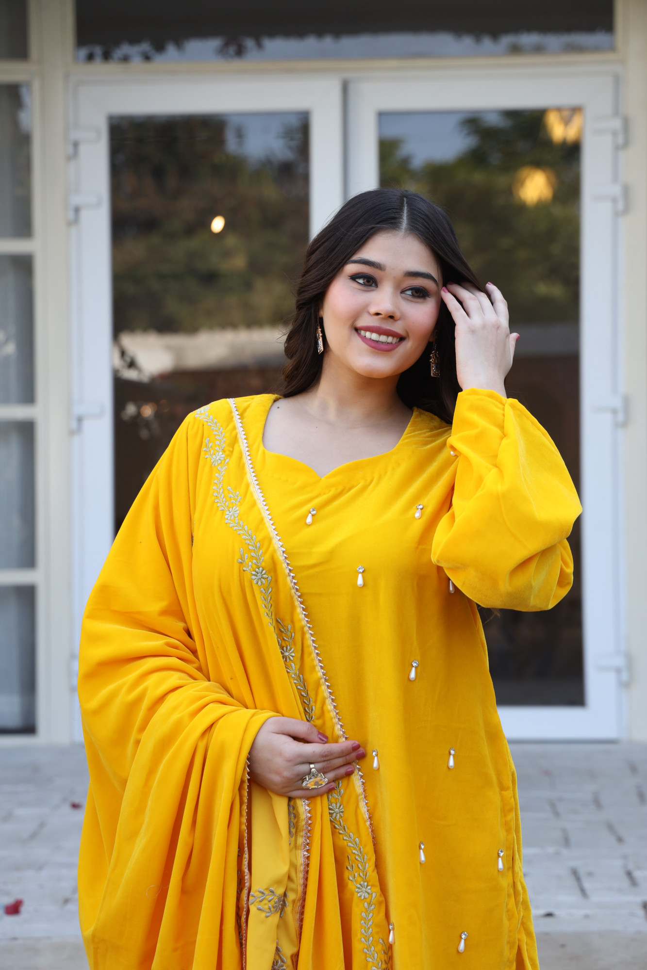 Yellow Velvet Suit Set And Embroidered Dupatta