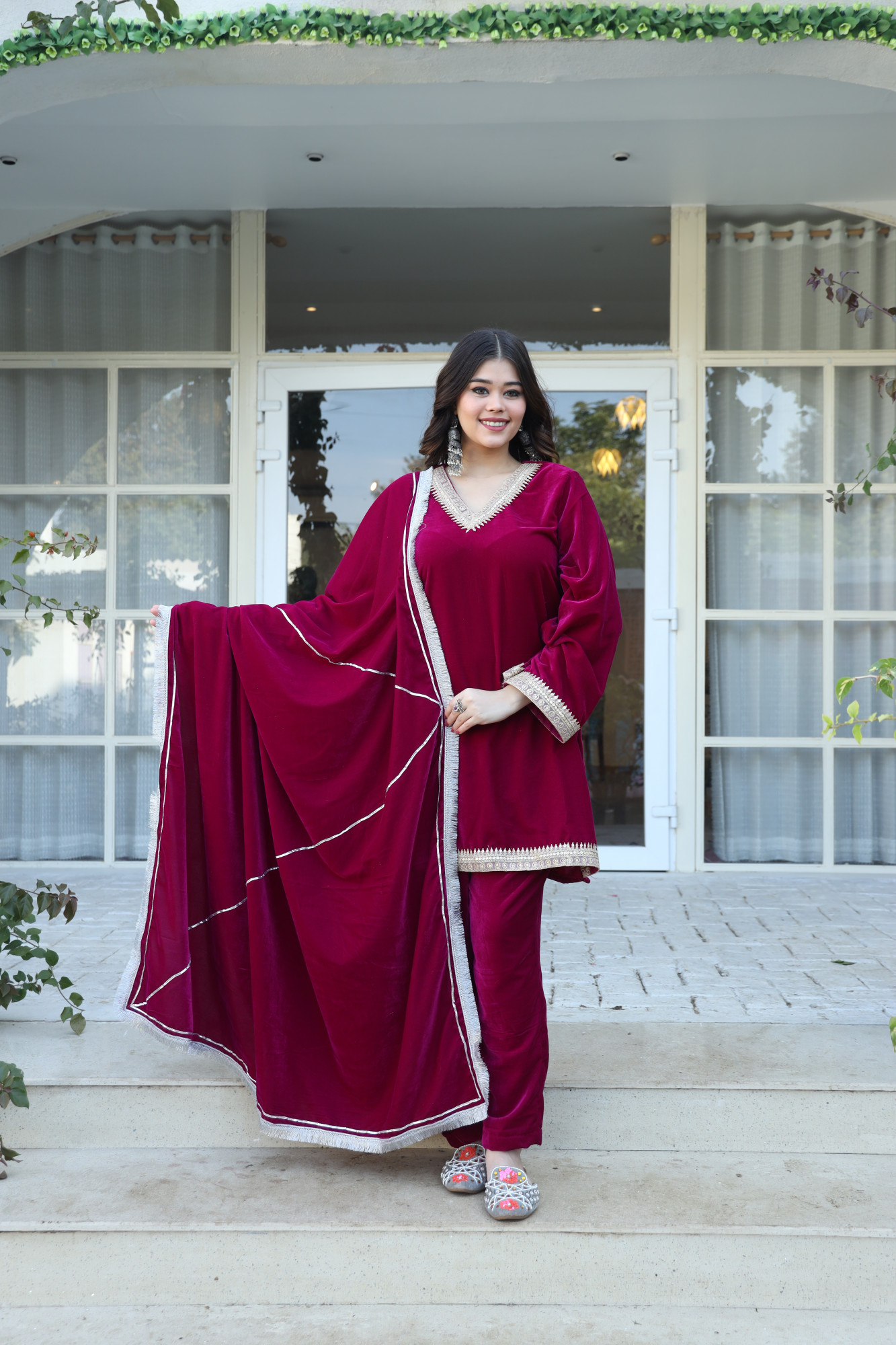 Hot Pink Velvet Suit Set And Embroidered Dupatta