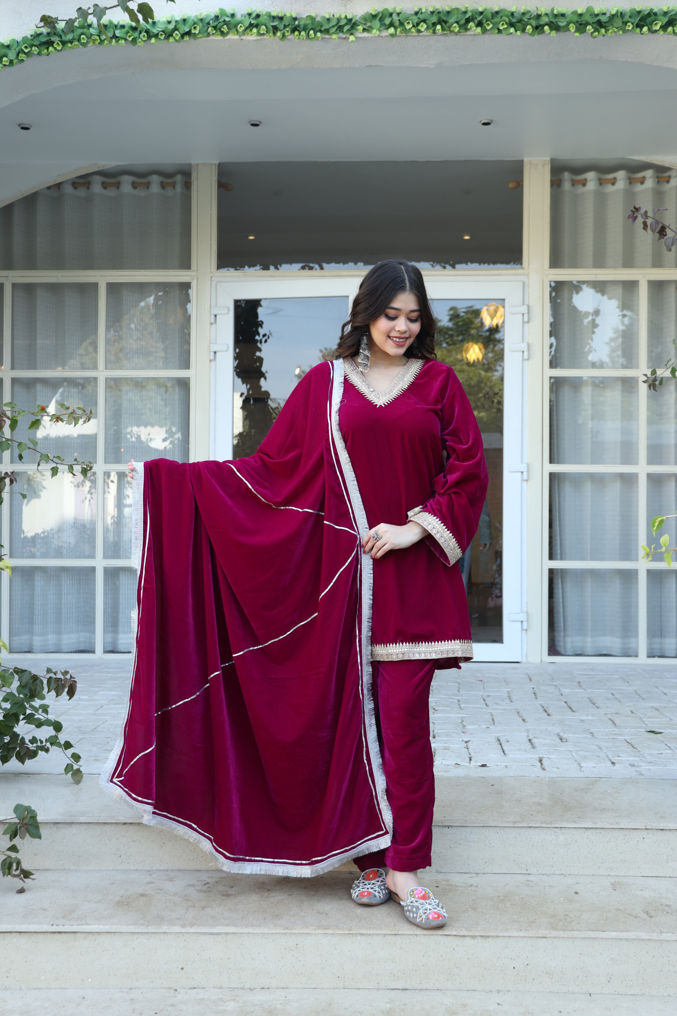 Hot Pink Velvet Suit Set And Embroidered Dupatta