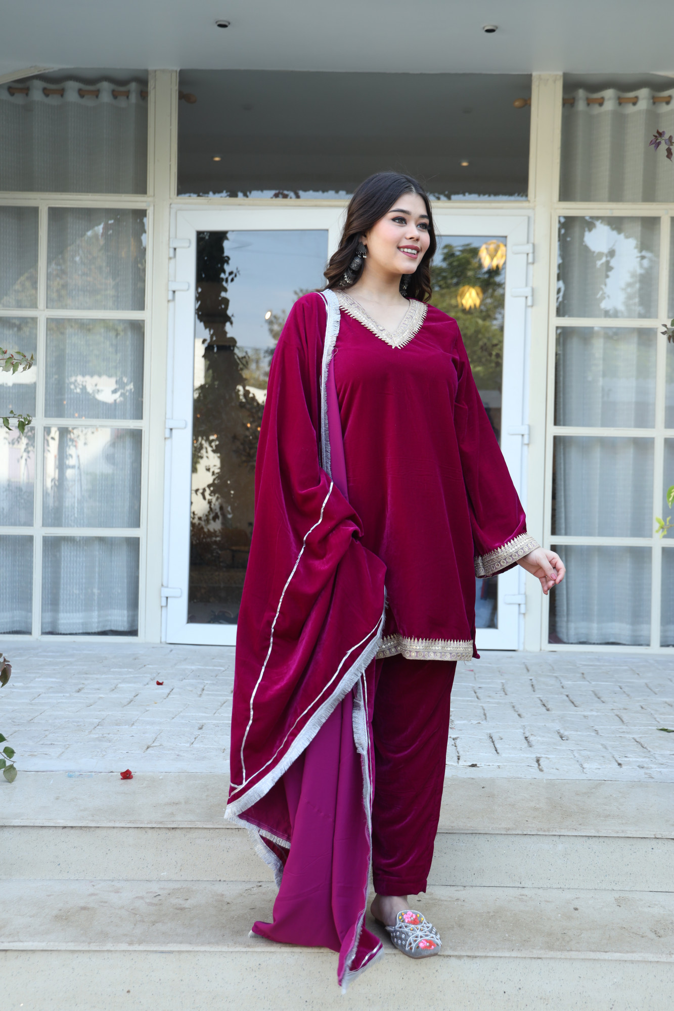 Hot Pink Velvet Suit Set And Embroidered Dupatta