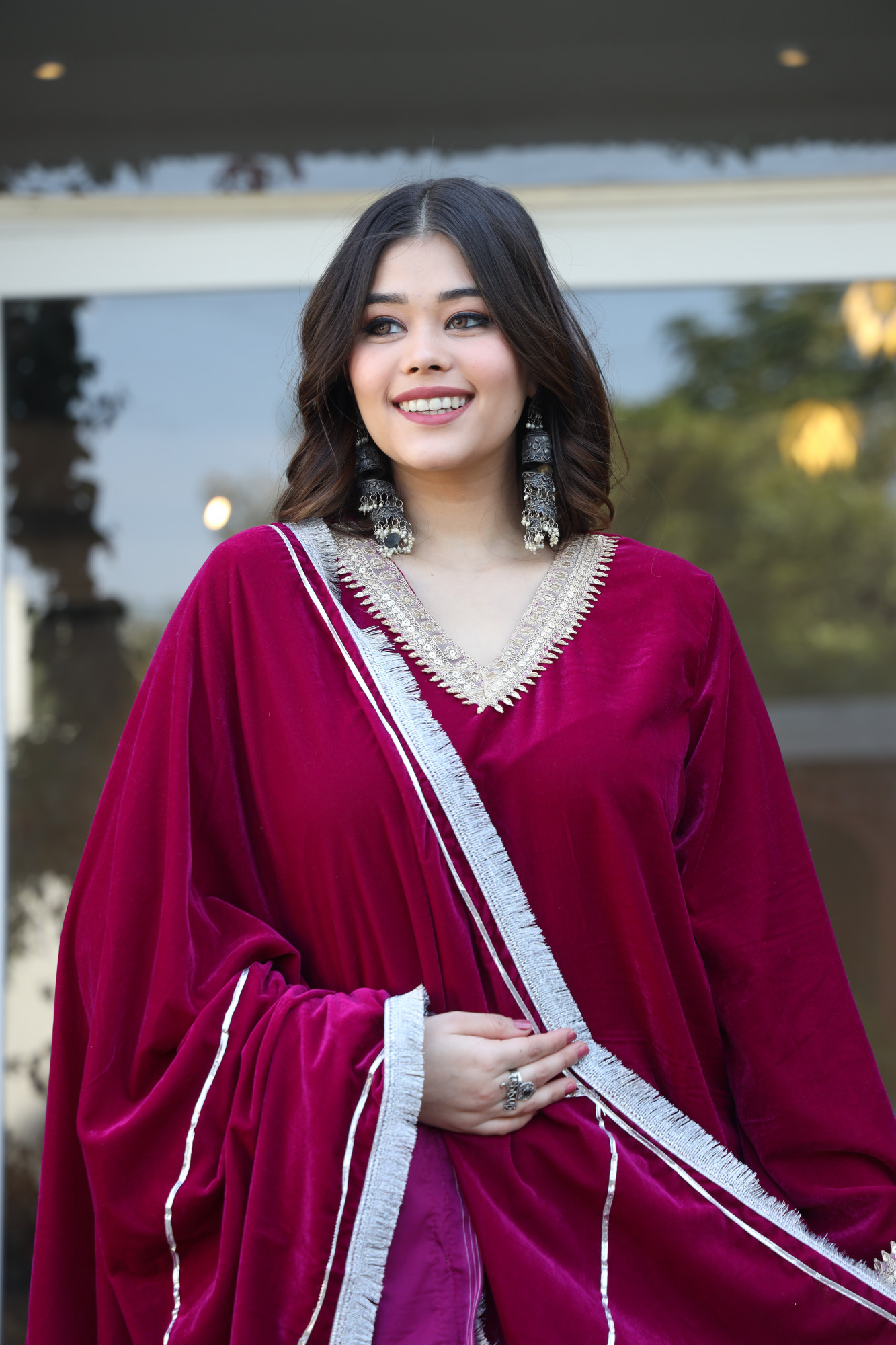 Hot Pink Velvet Suit Set And Embroidered Dupatta