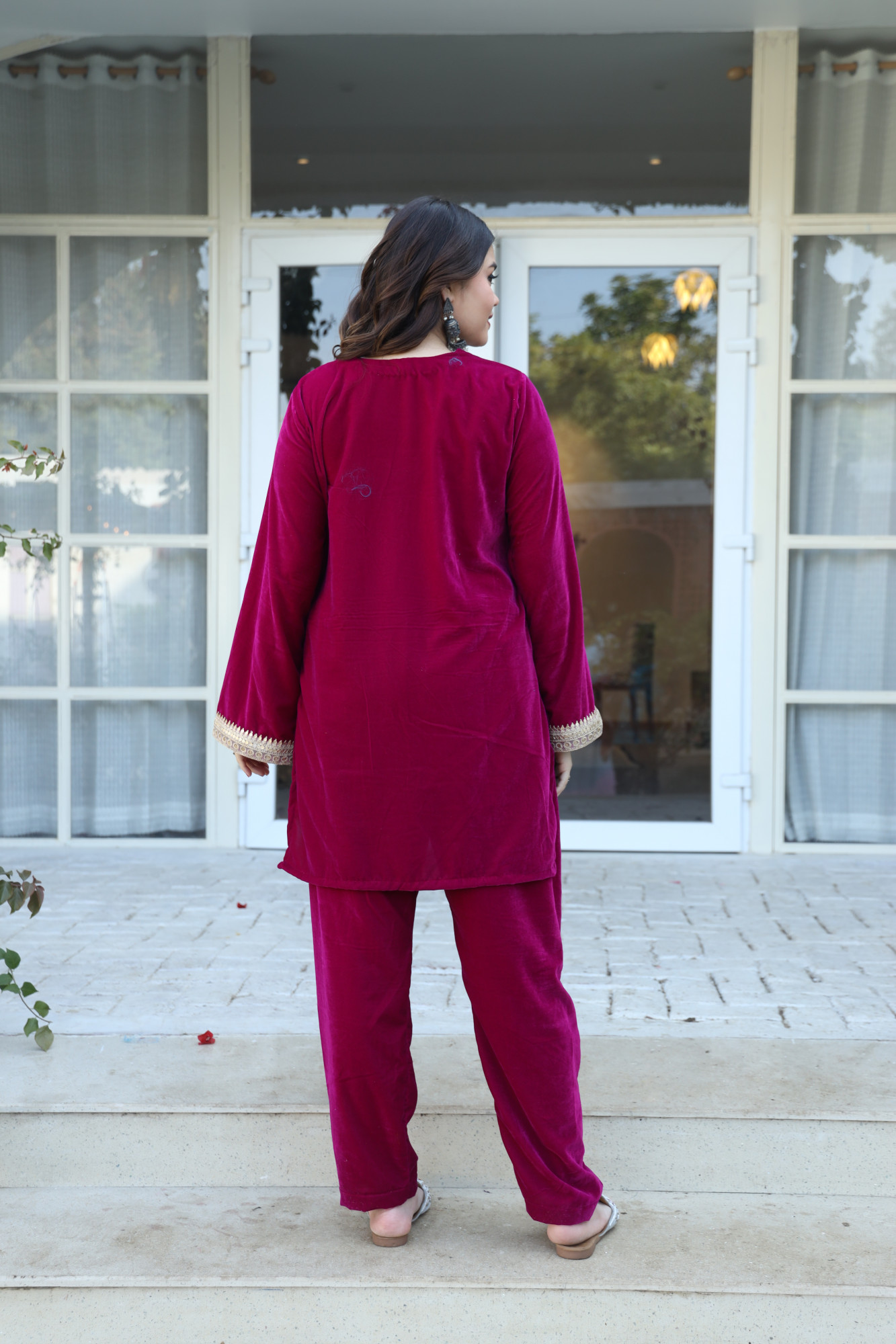 Hot Pink Velvet Suit Set And Embroidered Dupatta