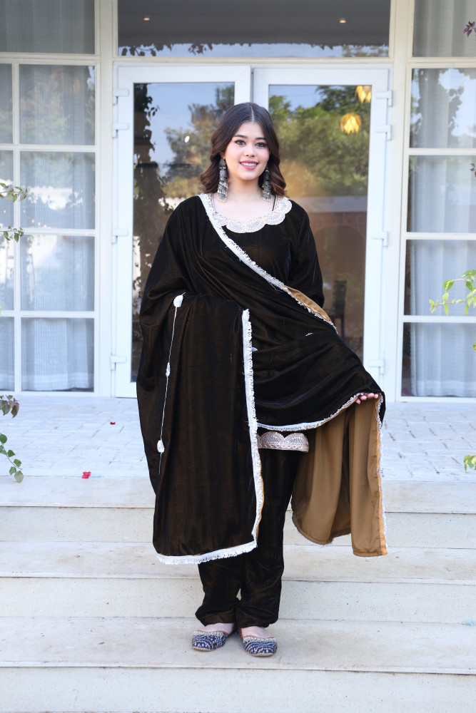 Image of Brown Velvet Suit Set And Embroidered Dupatta