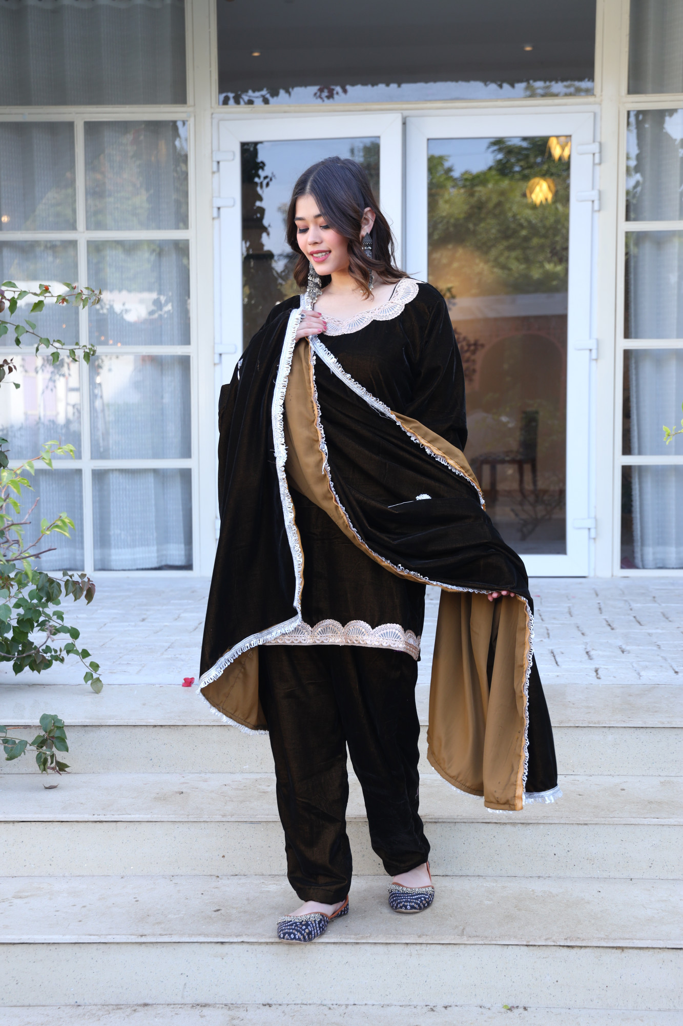Brown Velvet Suit Set And Embroidered Dupatta