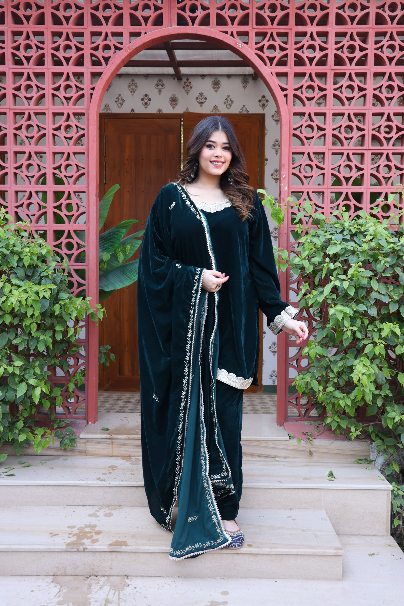 Bottle Green Velvet Suit Set And Embroidered Dupatta