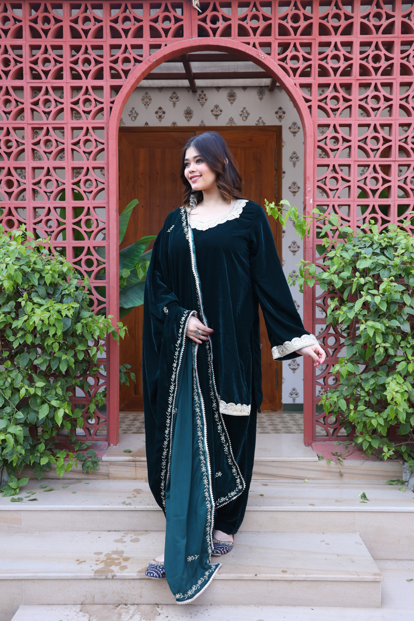 Bottle Green Velvet Suit Set And Embroidered Dupatta