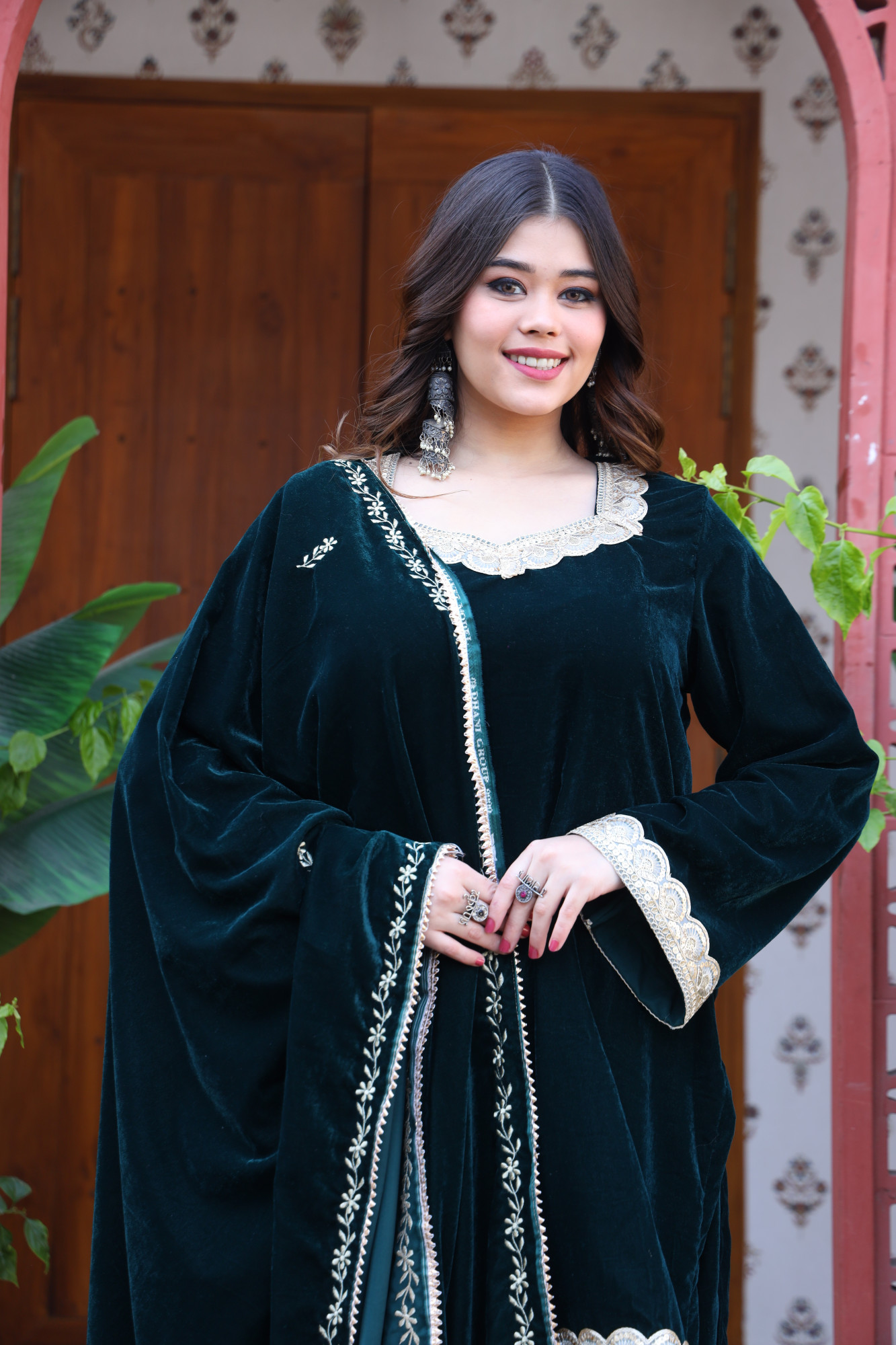 Bottle Green Velvet Suit Set And Embroidered Dupatta