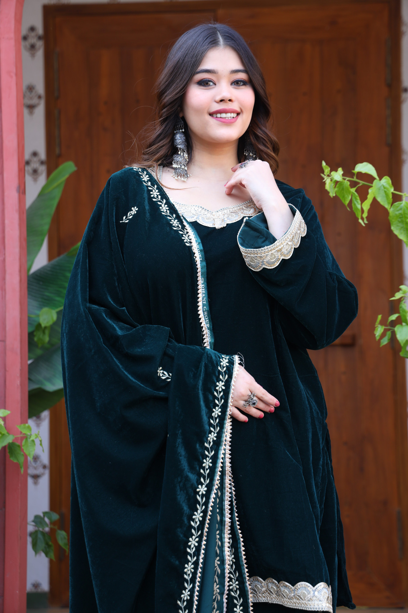 Bottle Green Velvet Suit Set And Embroidered Dupatta
