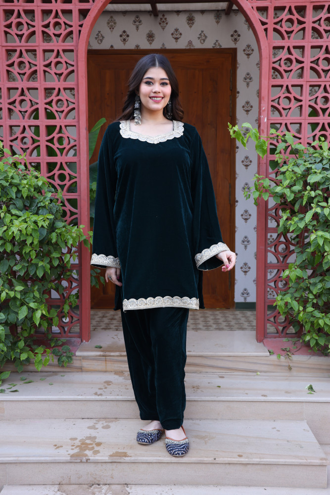 Image of Bottle Green Velvet Coord Set