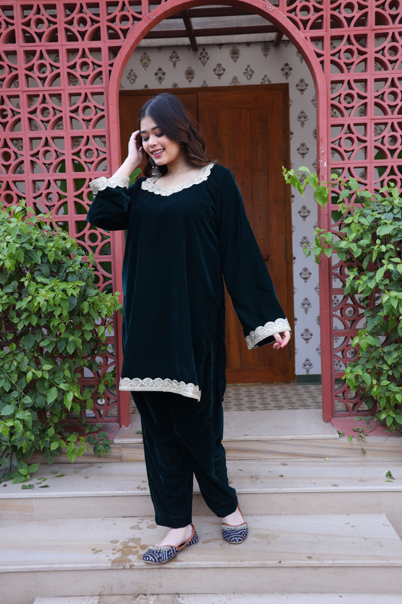 Bottle Green Velvet Coord Set