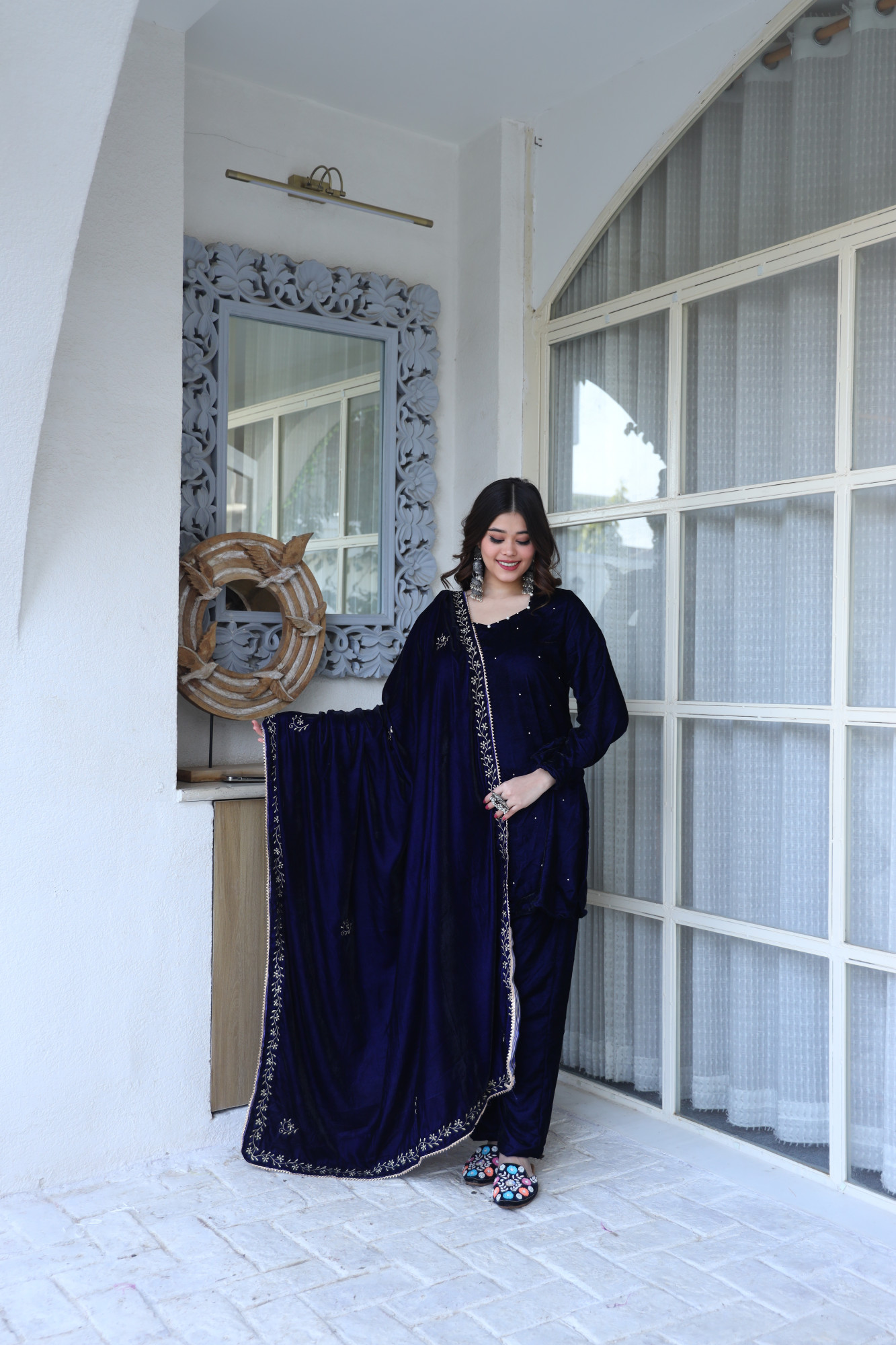 Royal Blue Velvet Suit Set And Embroidered Dupatta