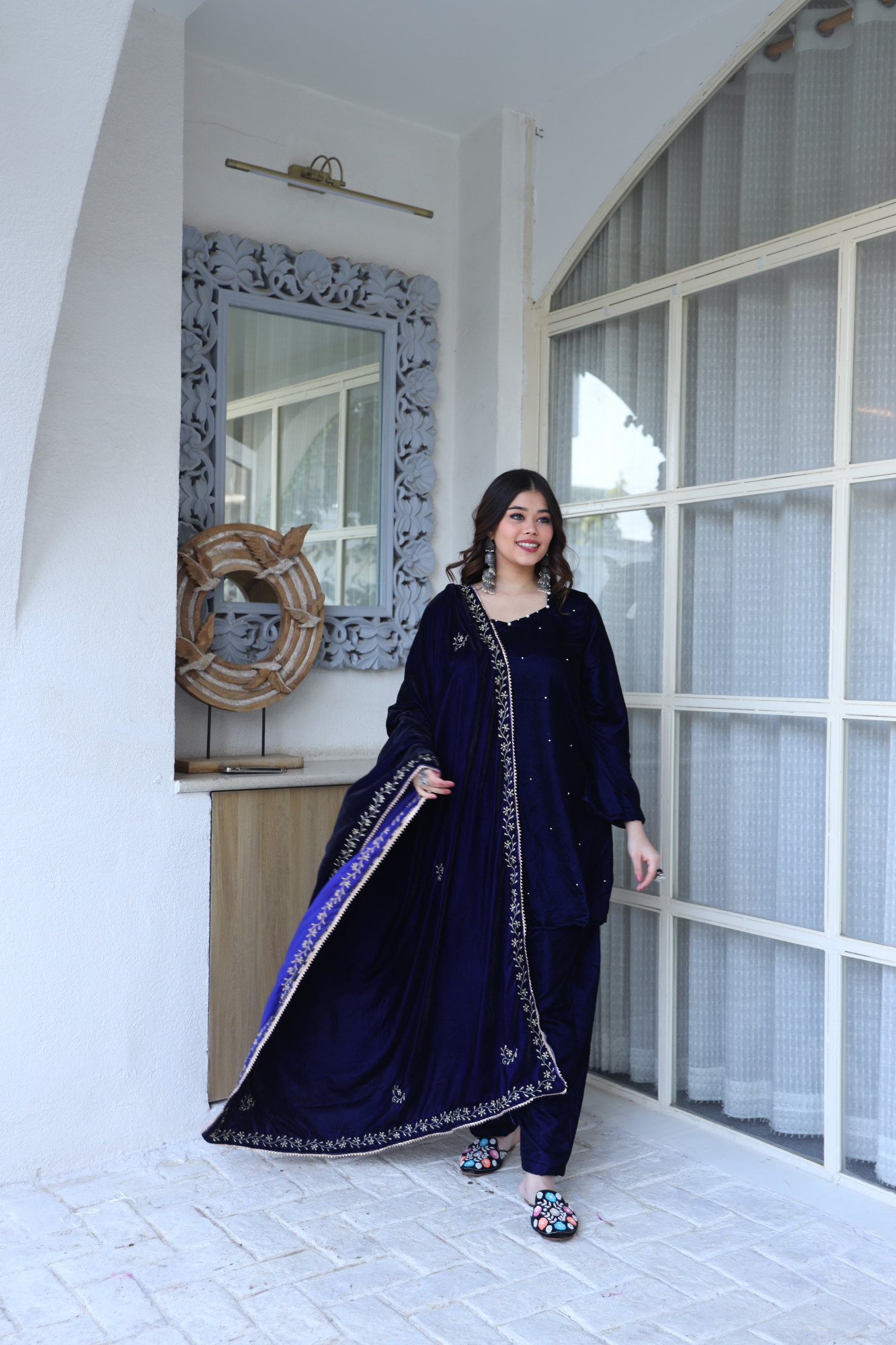 Royal Blue Velvet Suit Set And Embroidered Dupatta