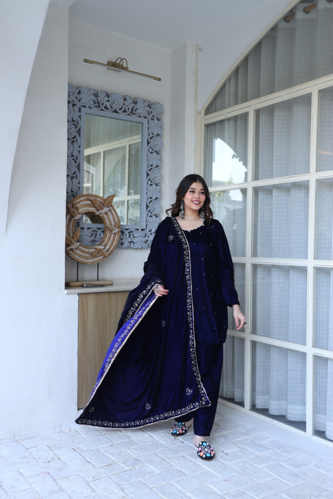 Image of Royal Blue Velvet Suit Set And Embroidered Dupatta