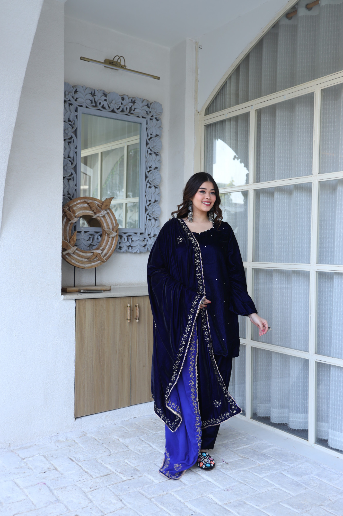 Royal Blue Velvet Suit Set And Embroidered Dupatta