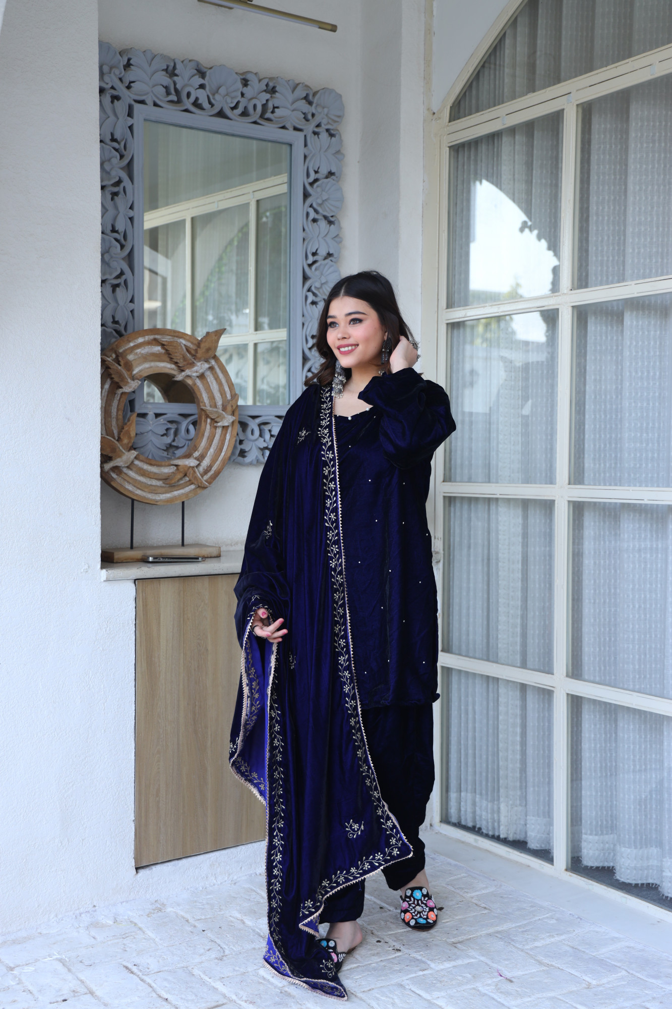 Royal Blue Velvet Suit Set And Embroidered Dupatta