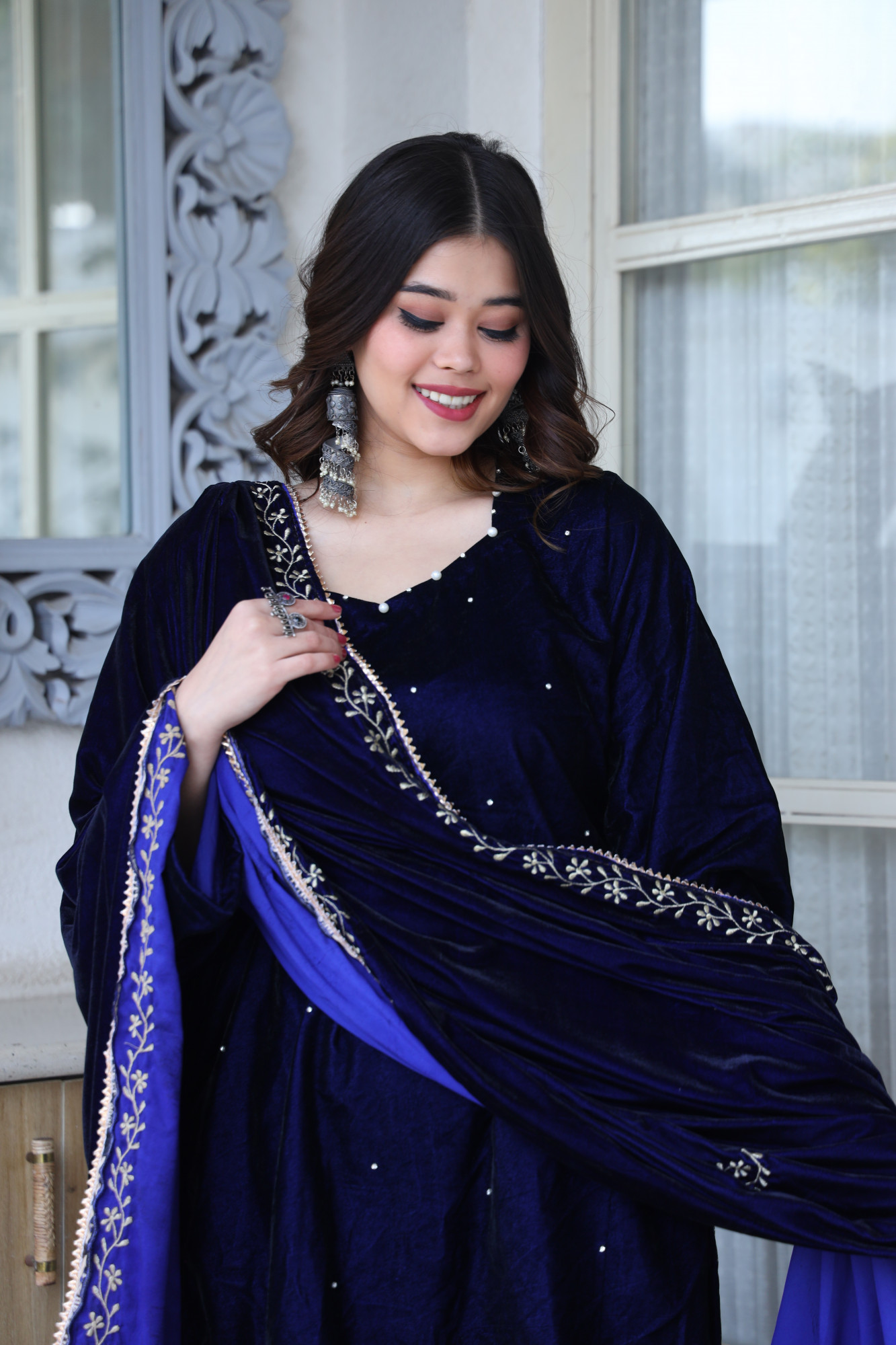 Royal Blue Velvet Suit Set And Embroidered Dupatta