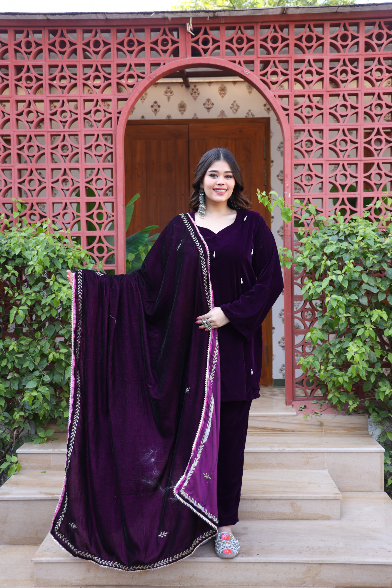 Wine Velvet Suit Set And Embroidered Dupatta