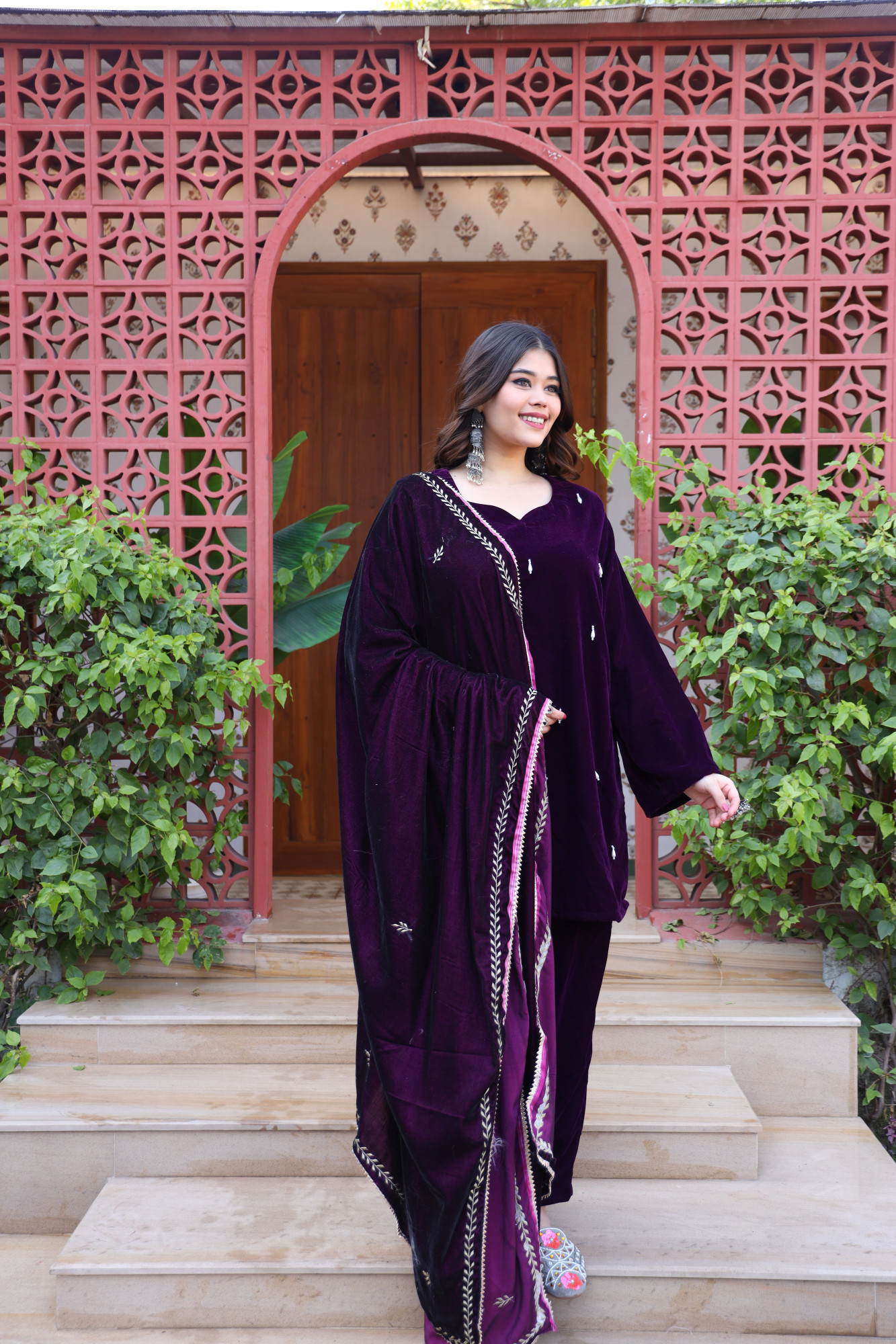 Wine Velvet Suit Set And Embroidered Dupatta