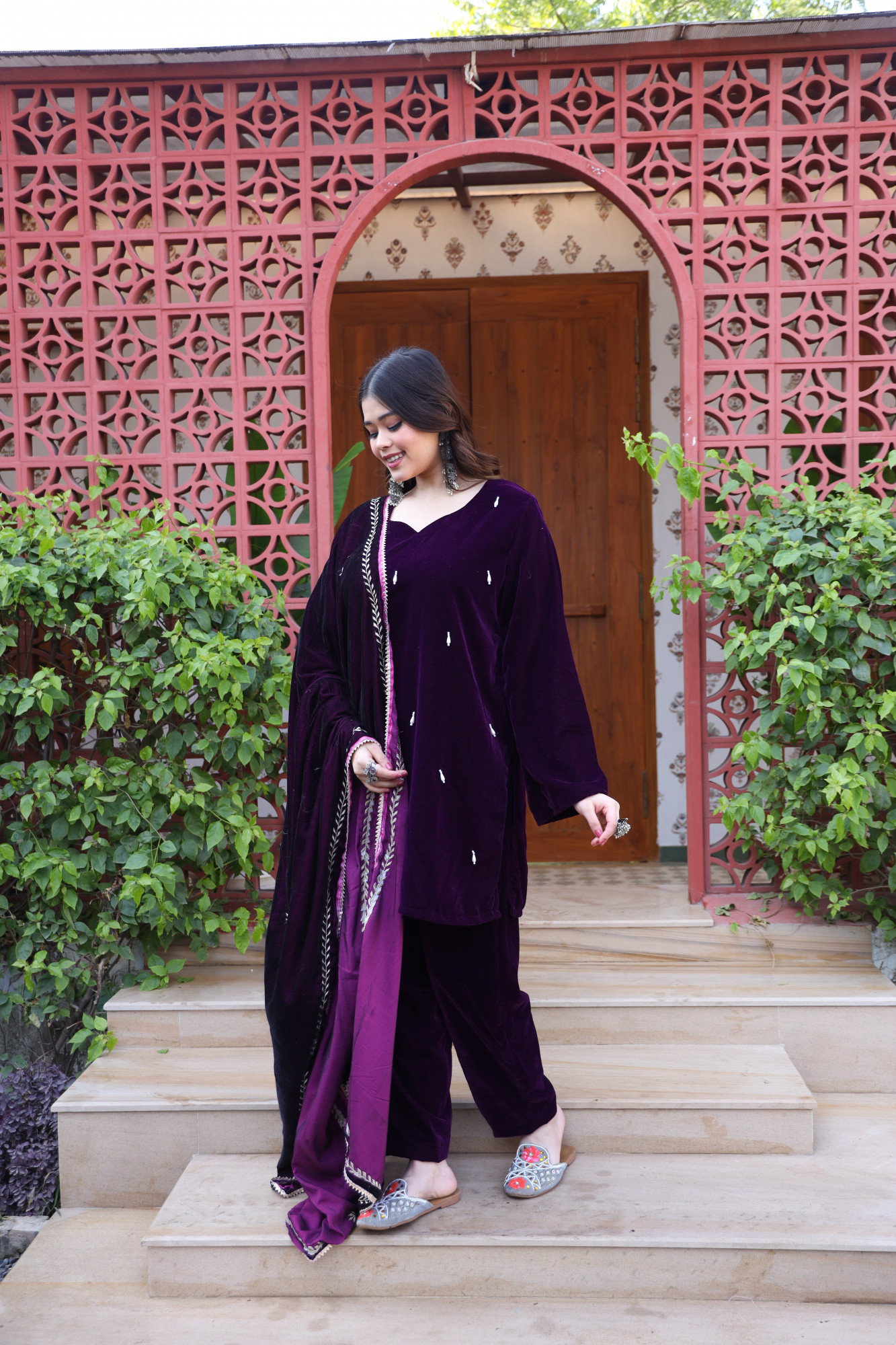 Wine Velvet Suit Set And Embroidered Dupatta
