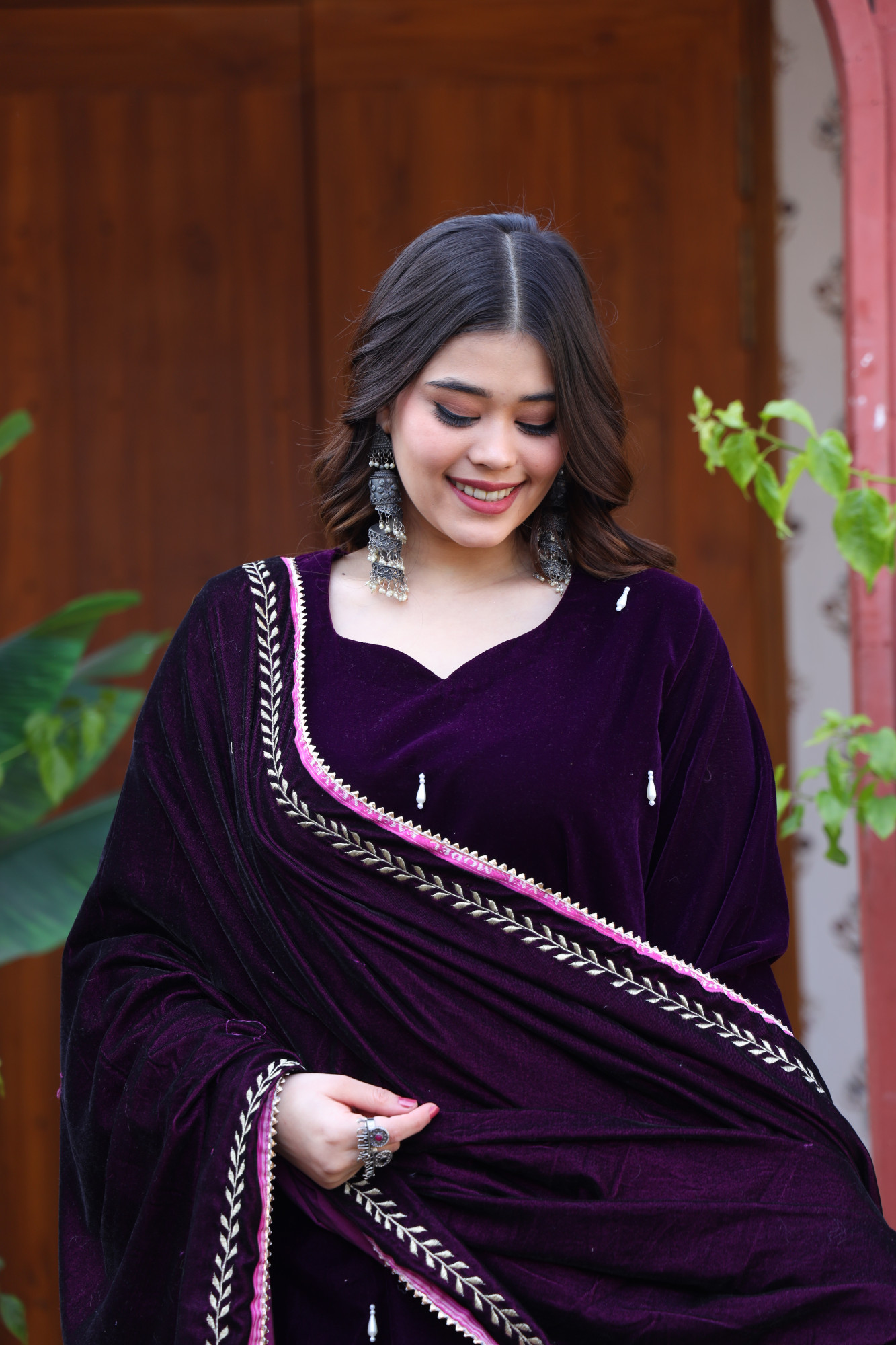 Wine Velvet Suit Set And Embroidered Dupatta