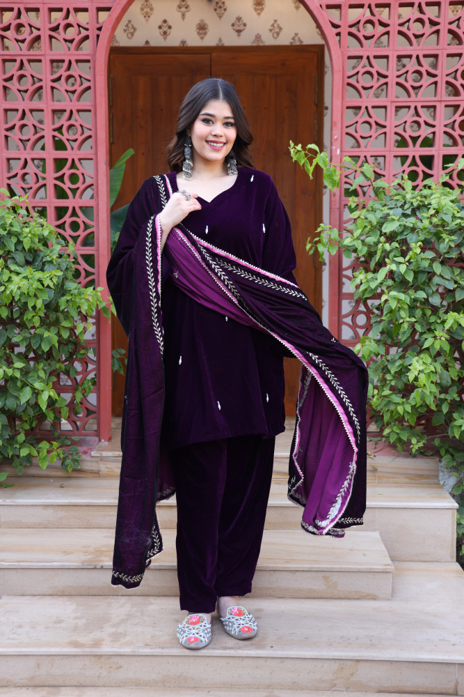 Image of Wine Velvet Suit Set And Embroidered Dupatta