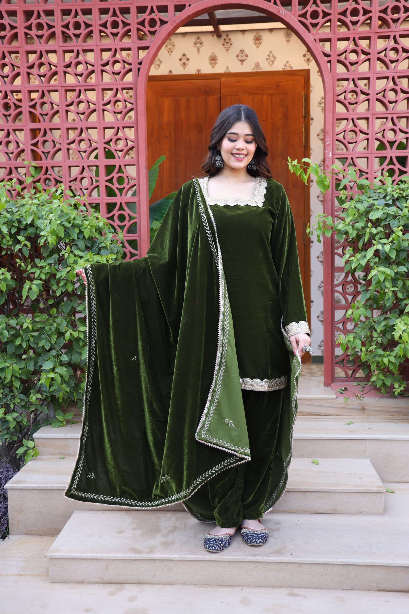 Mehndi Velvet Suit Set And Embroidered Dupatta