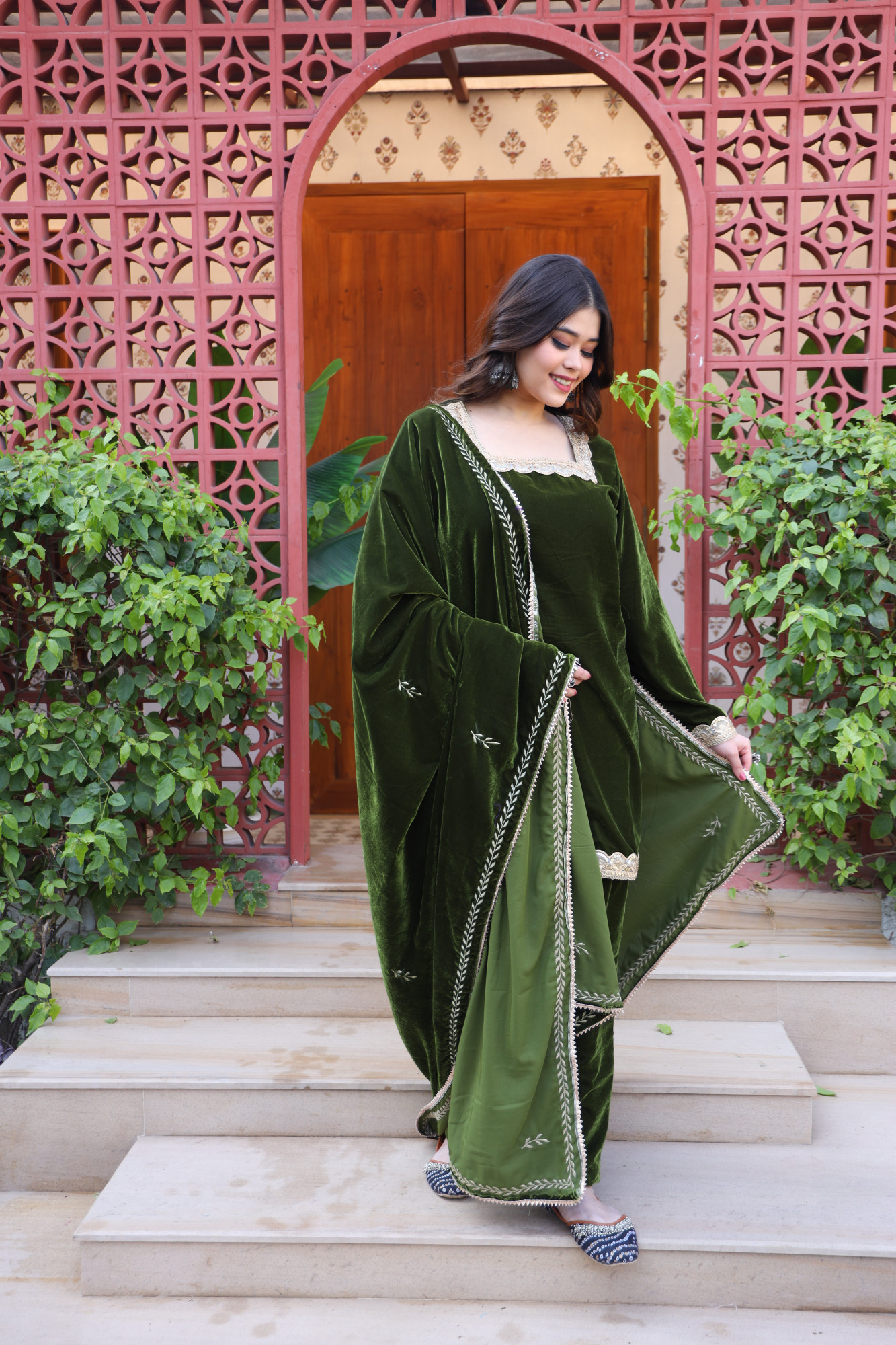 Mehndi Velvet Suit Set And Embroidered Dupatta