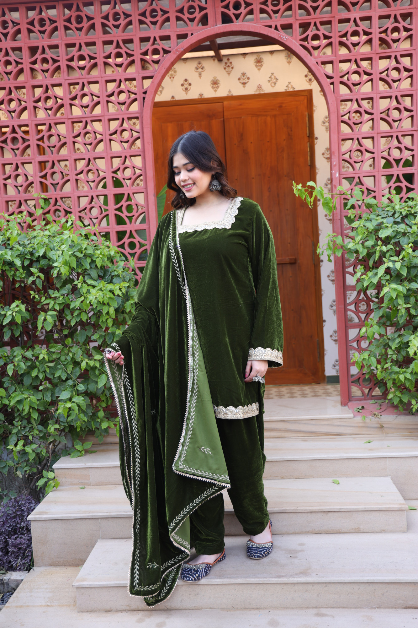Mehndi Velvet Suit Set And Embroidered Dupatta
