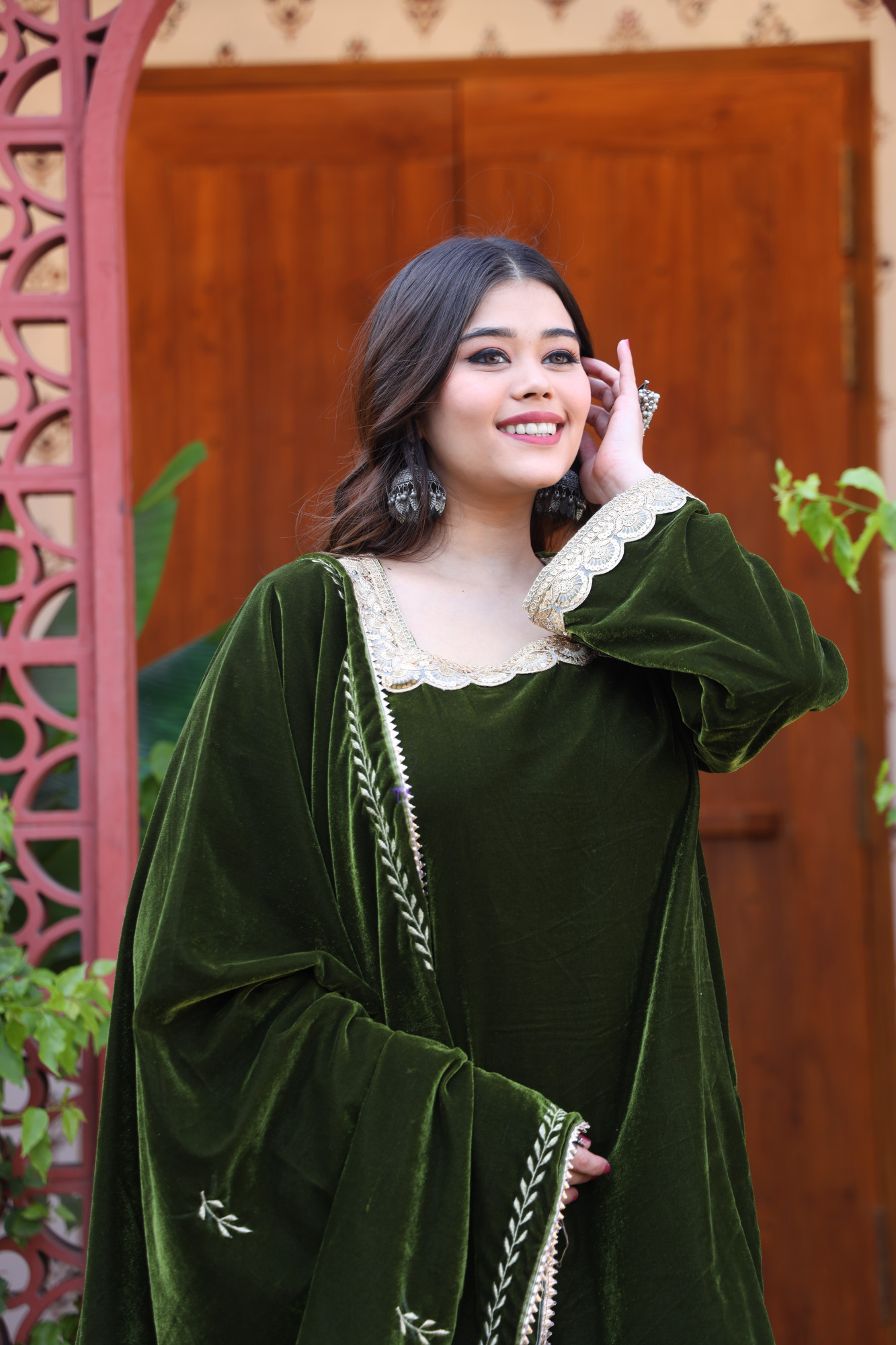 Mehndi Velvet Suit Set And Embroidered Dupatta