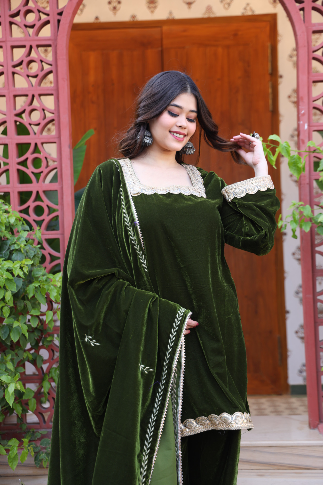 Mehndi Velvet Suit Set And Embroidered Dupatta