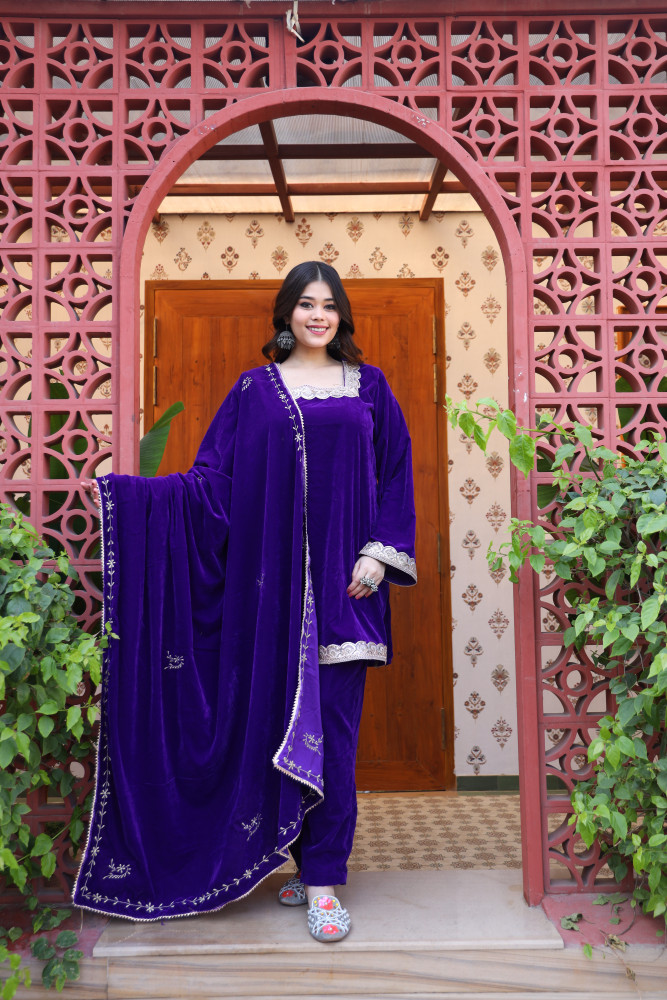 Image of Purple Velvet Suit Set And Embroidered Dupatta