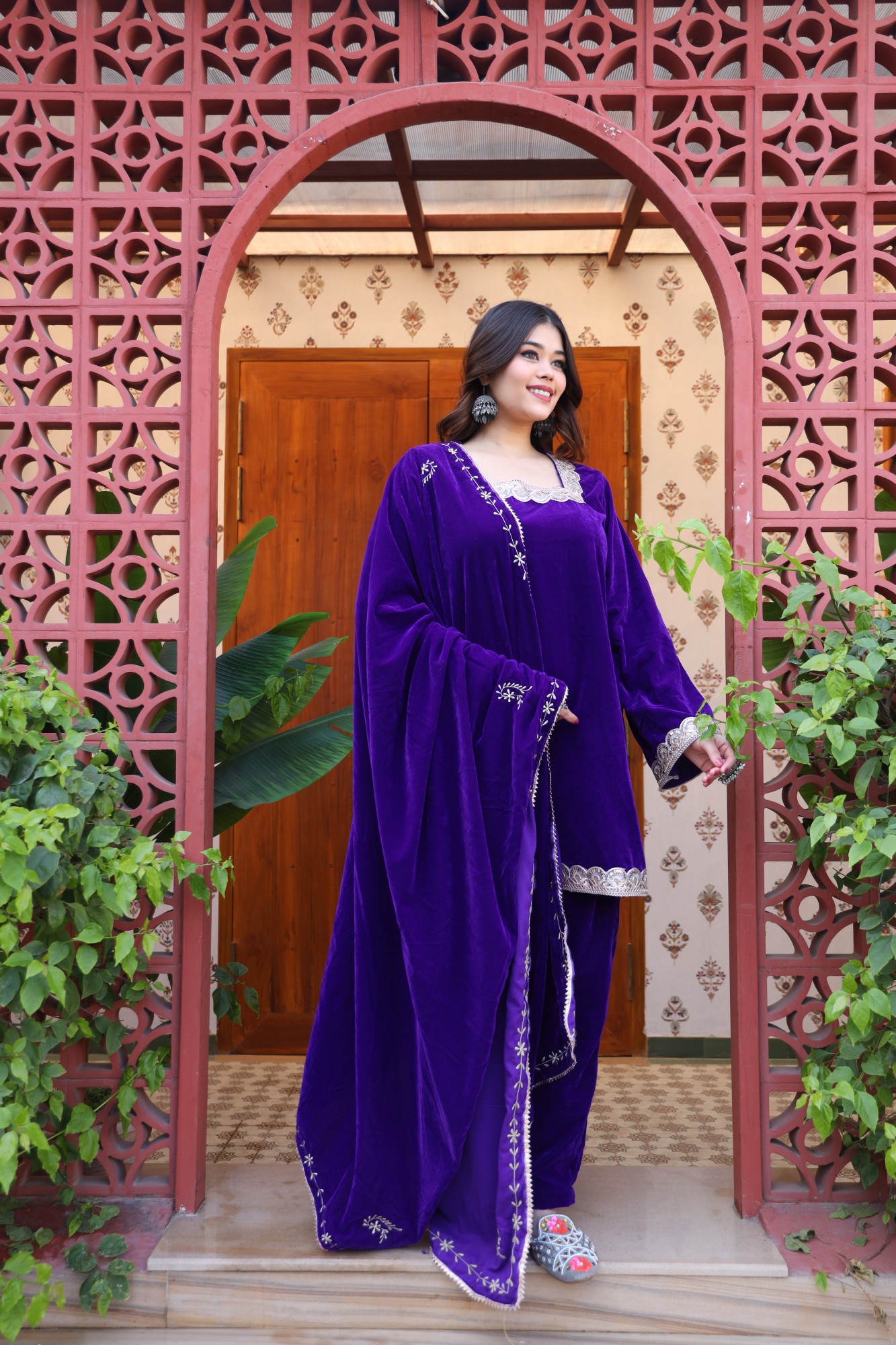 Purple Velvet Suit Set And Embroidered Dupatta