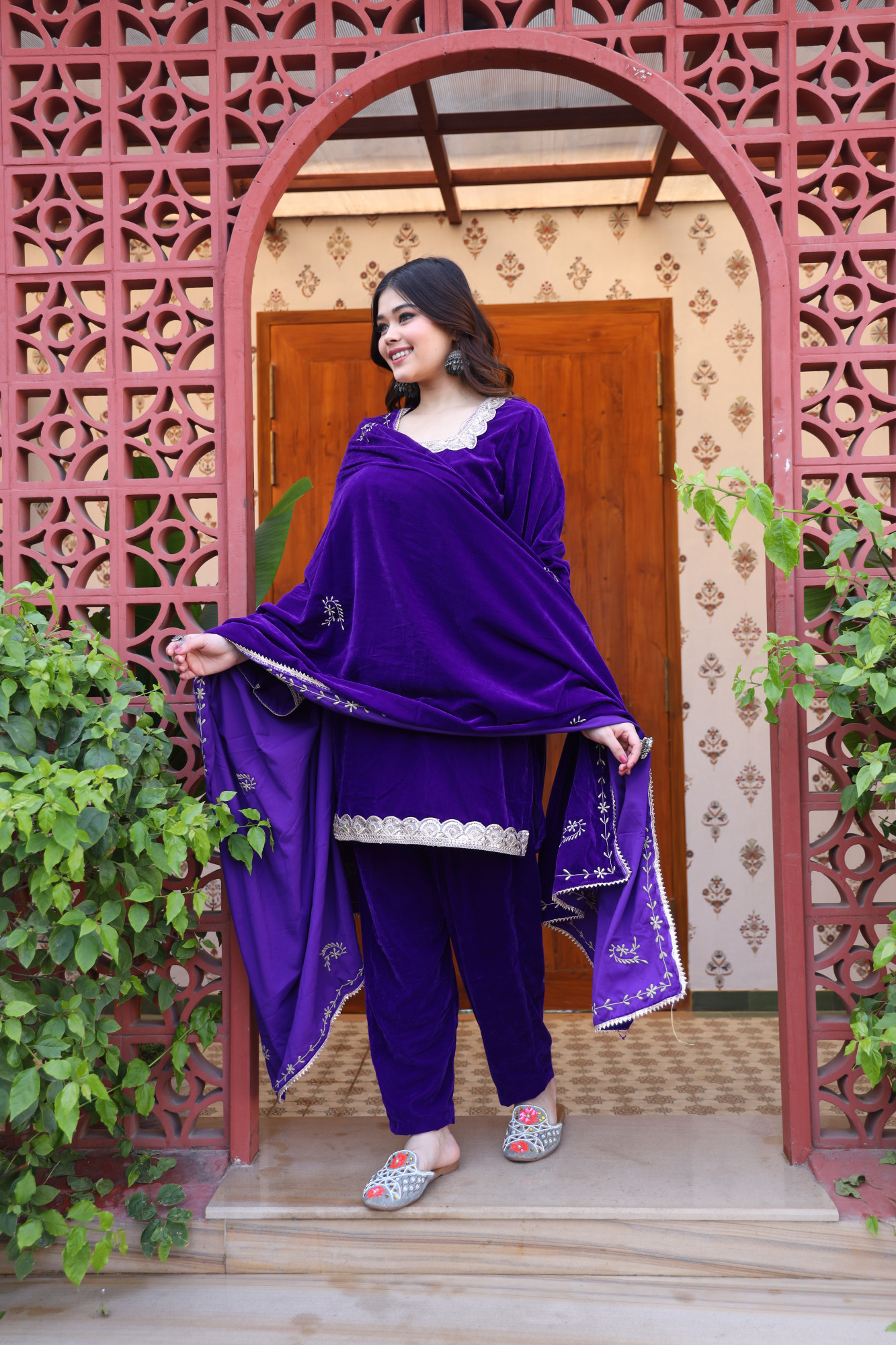Purple Velvet Suit Set And Embroidered Dupatta