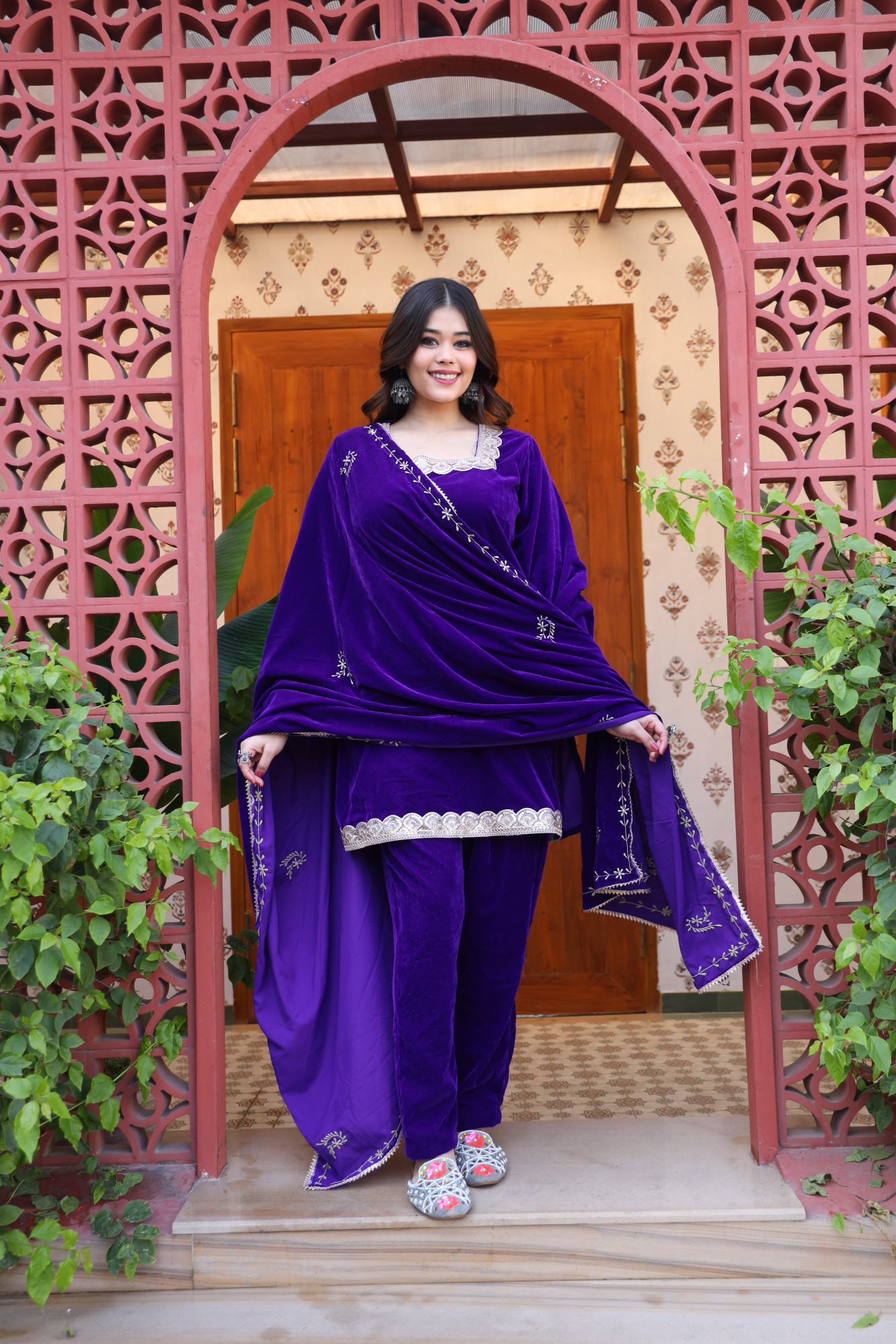 Purple Velvet Suit Set And Embroidered Dupatta