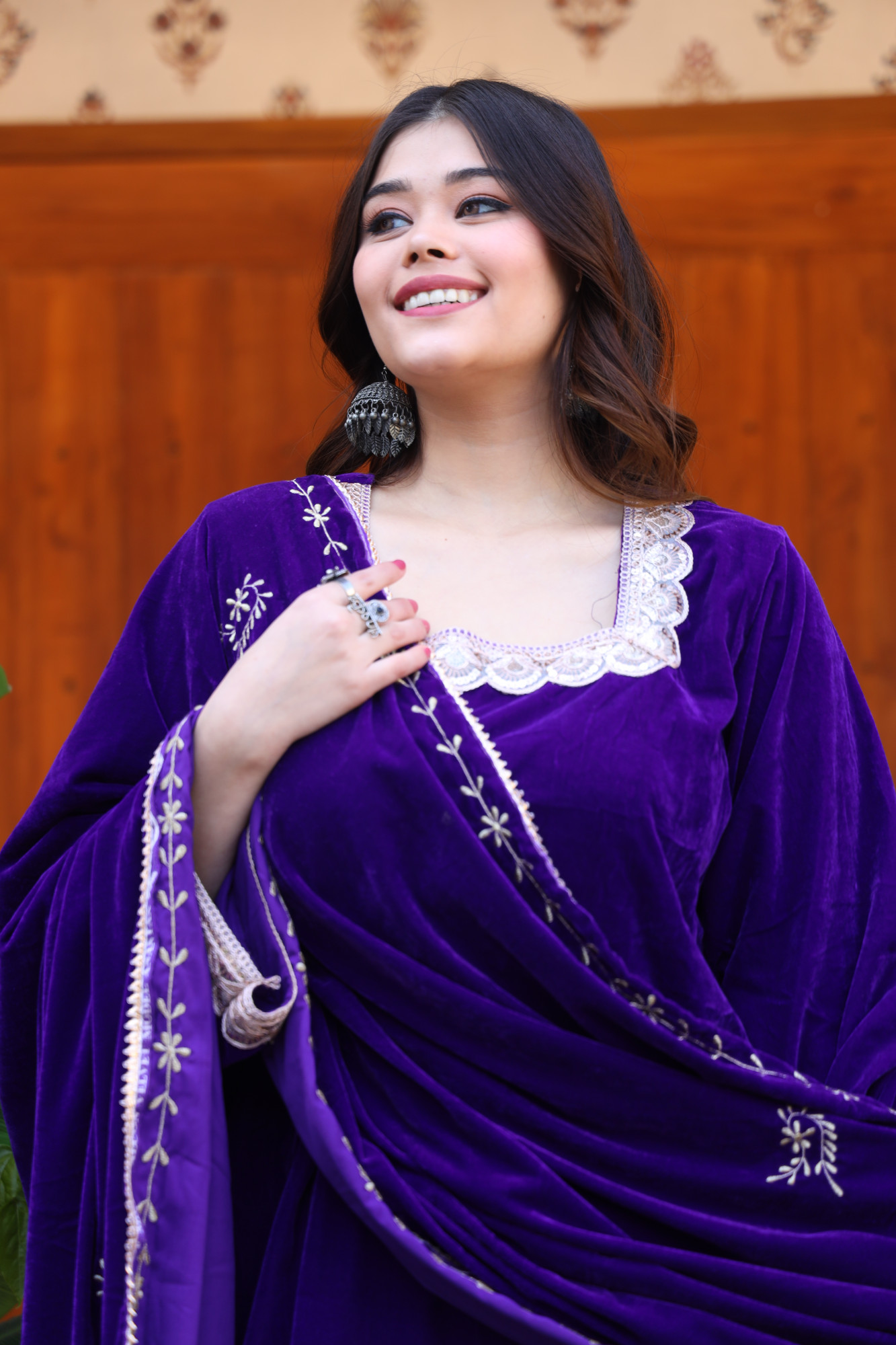 Purple Velvet Suit Set And Embroidered Dupatta