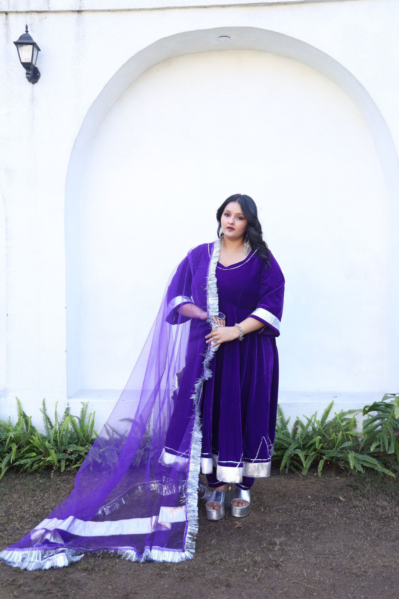 Purple Velvet Anarkali With Net Dupatta