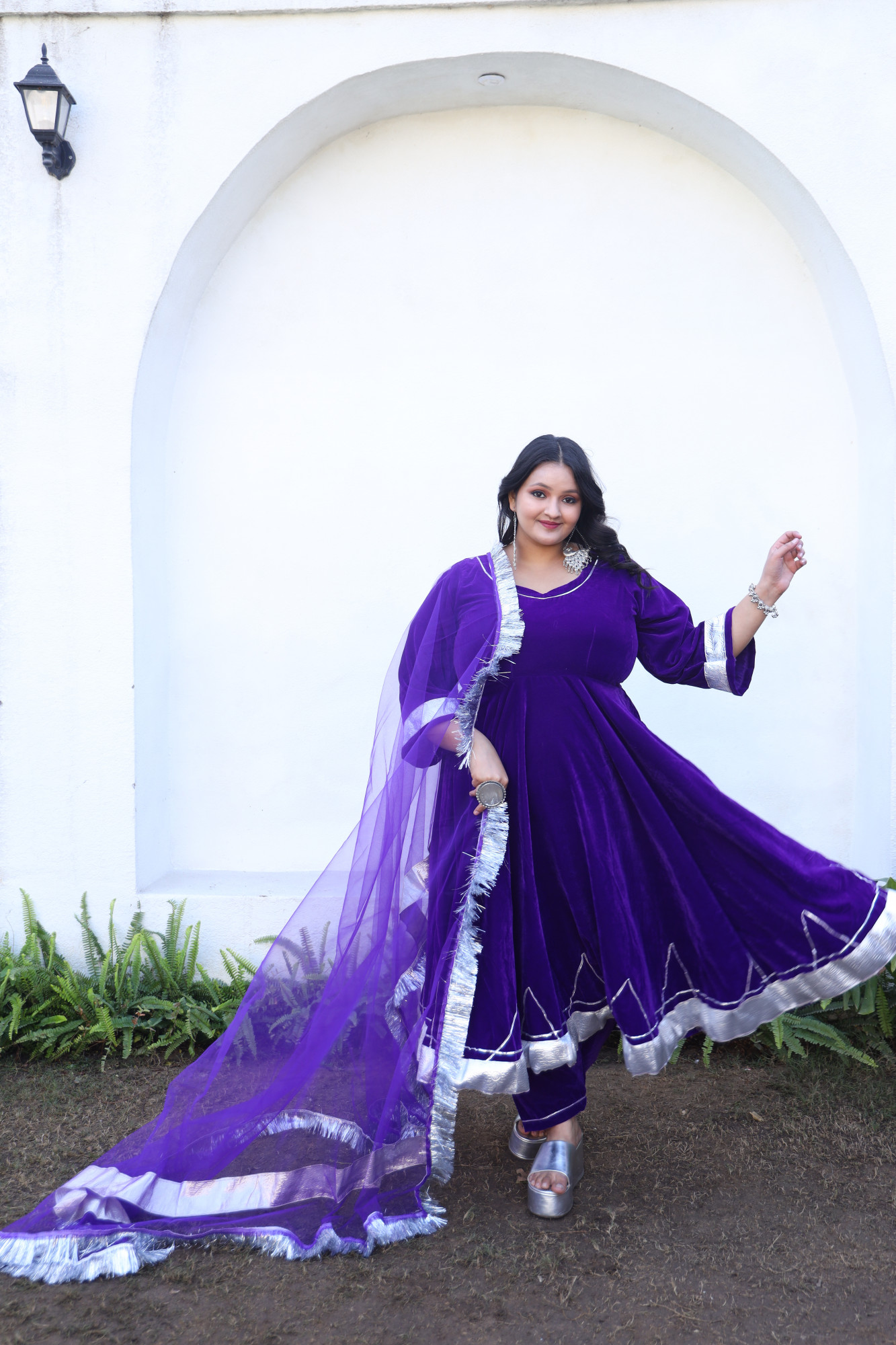 Purple Velvet Anarkali With Net Dupatta