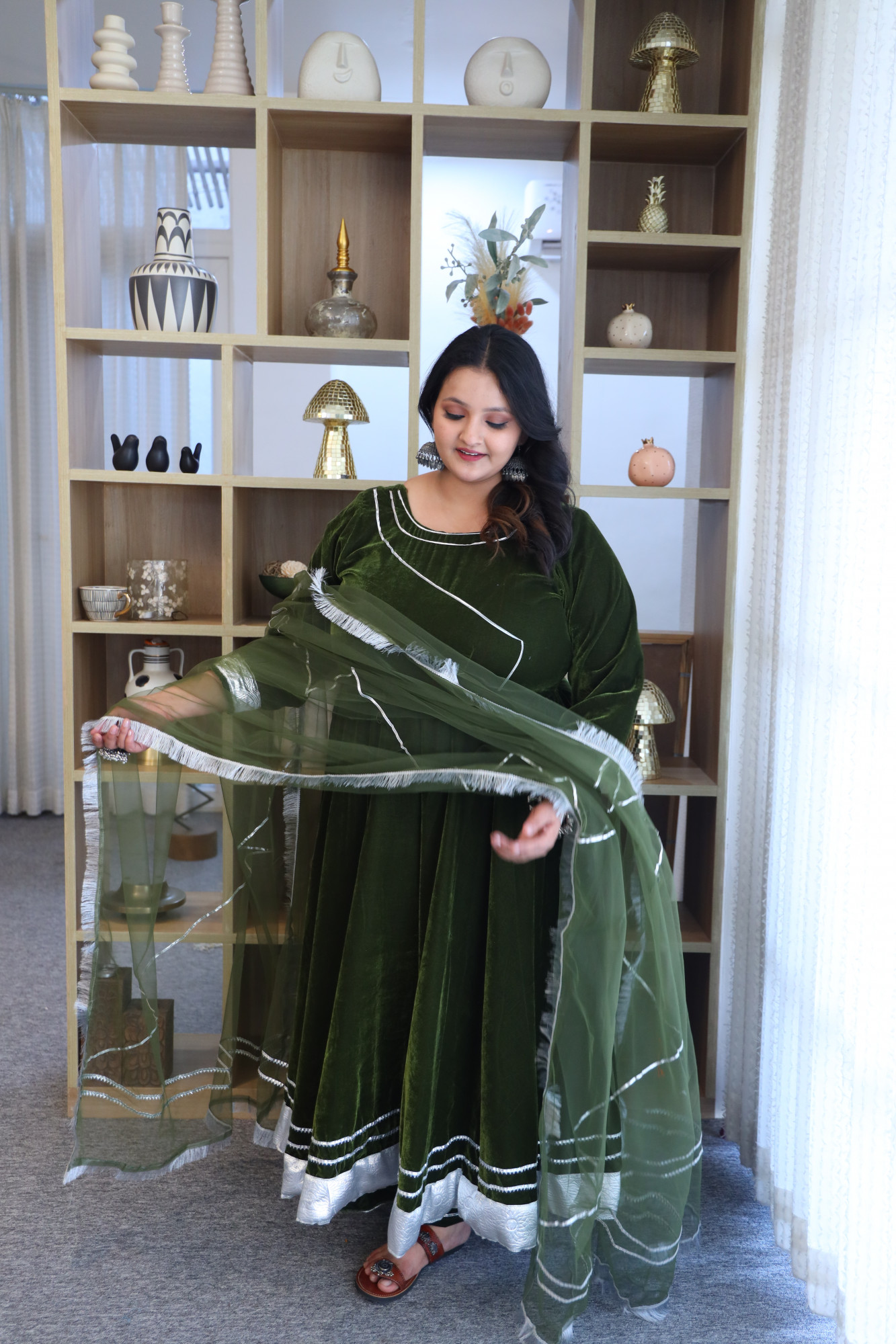 Mehndi Velvet Anarkali With Net Dupatta