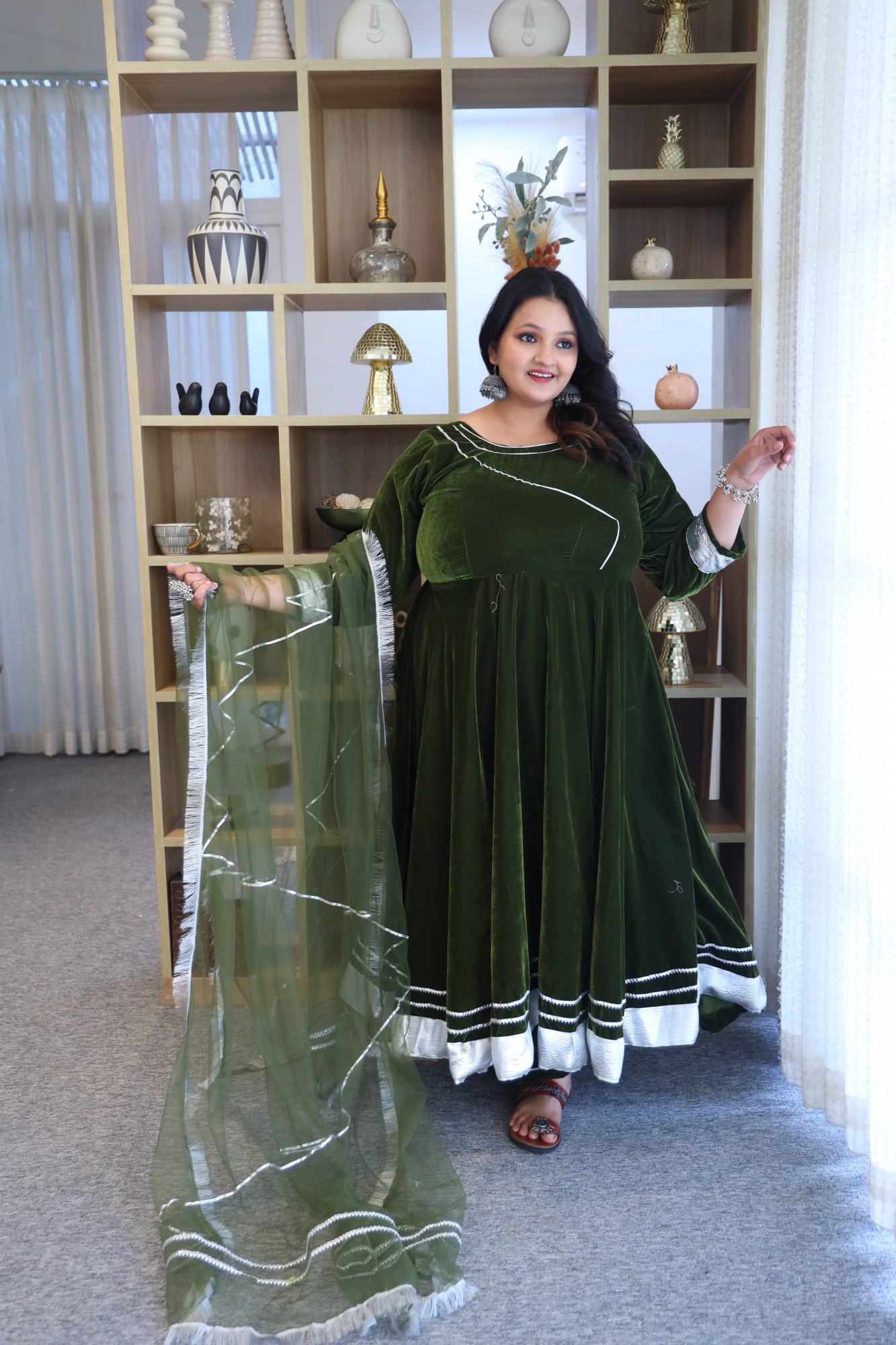 Mehndi Velvet Anarkali With Net Dupatta