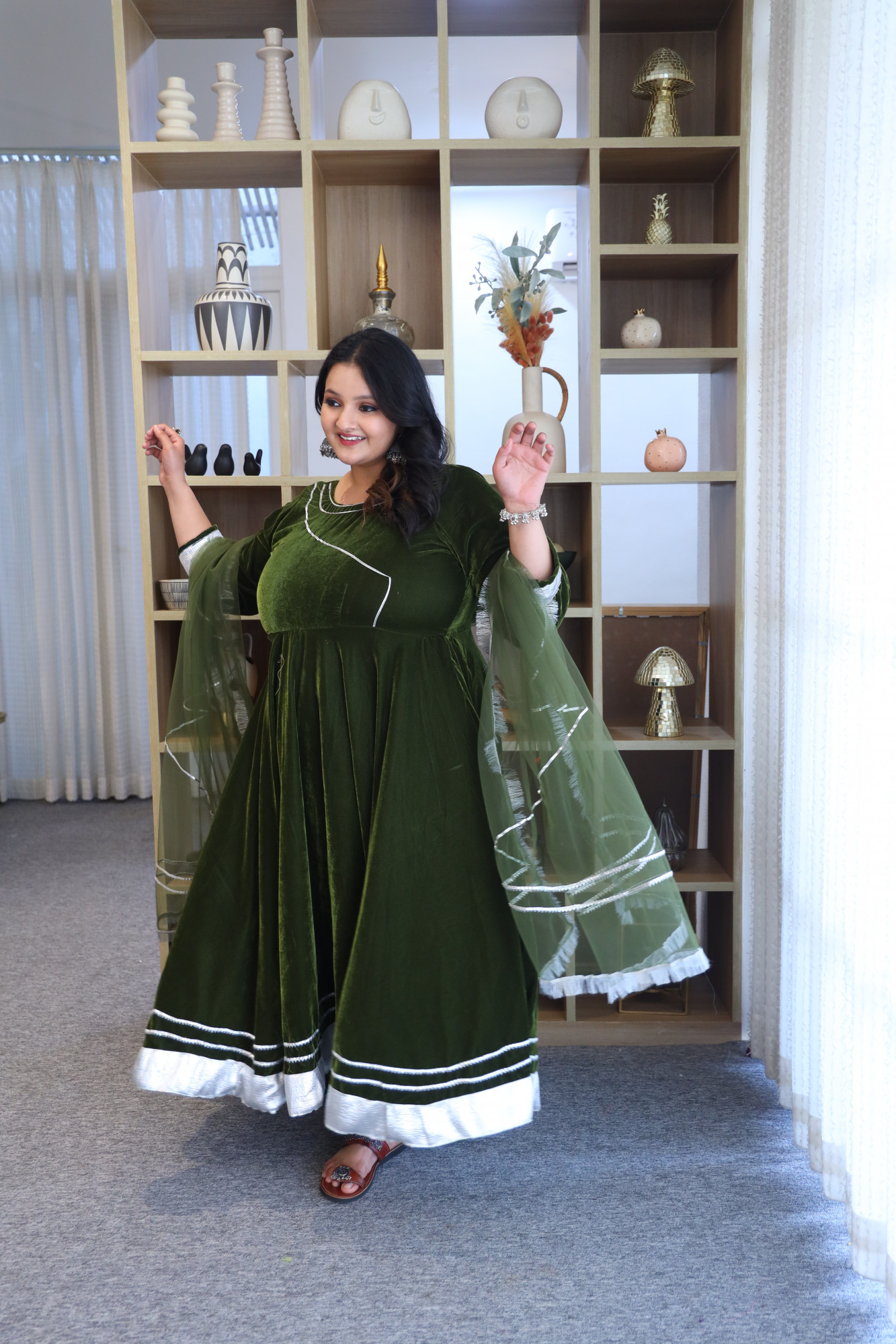 Mehndi Velvet Anarkali With Net Dupatta