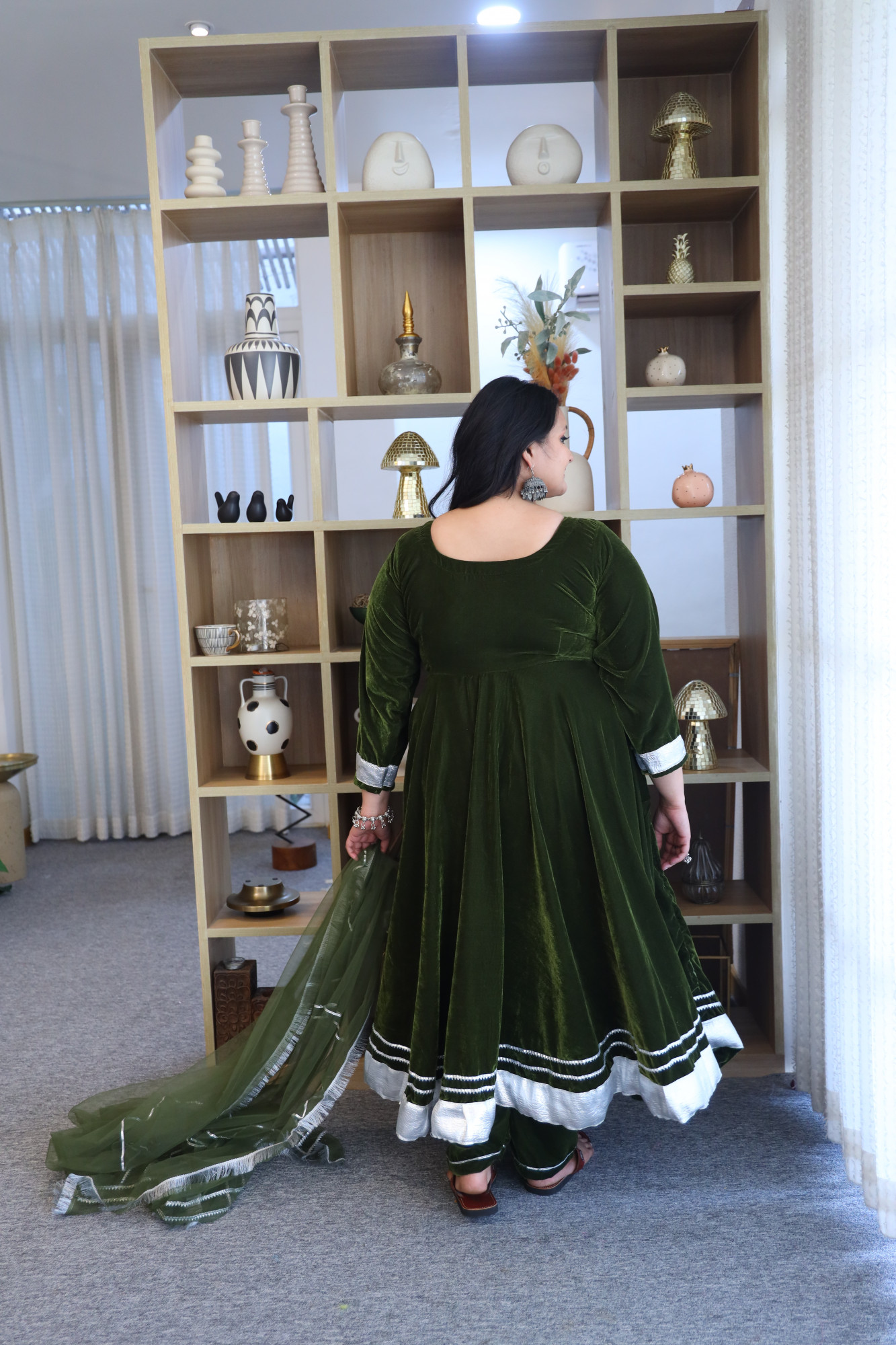 Mehndi Velvet Anarkali With Net Dupatta